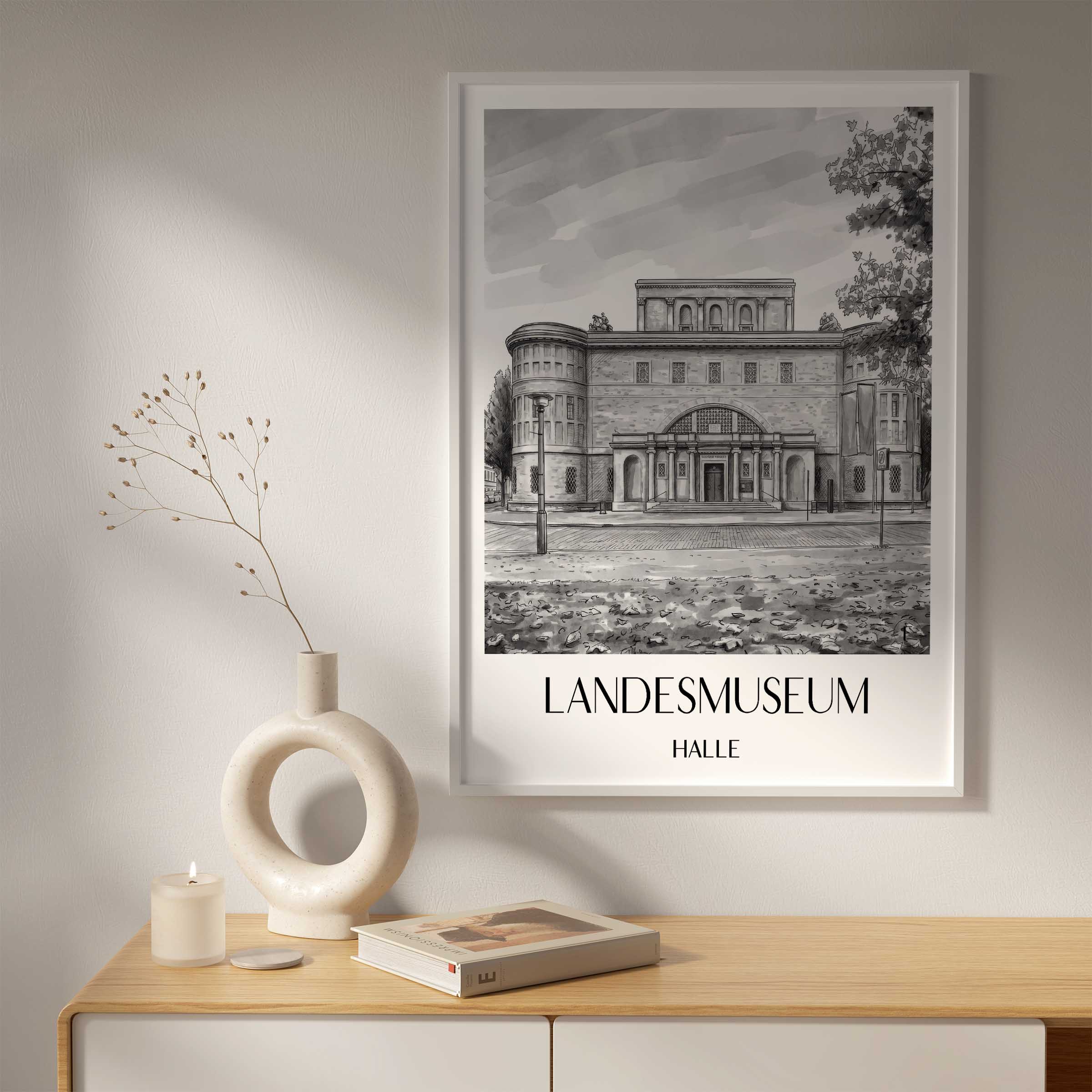 landesmuseum-halle-deutschland-poster-aquarell-schwarz-weiss
