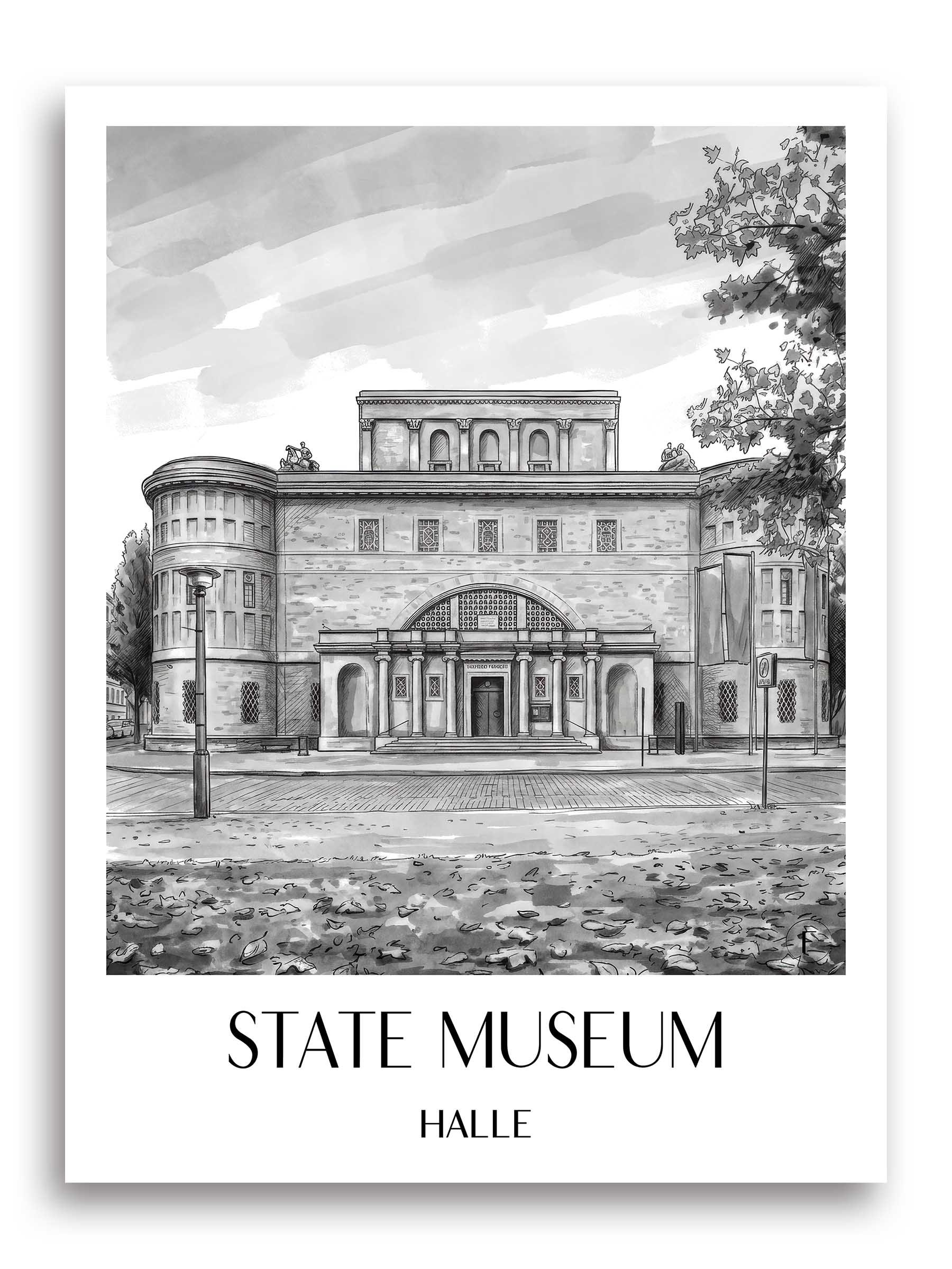 Landesmuseum Poster - Halle - Deutschland Kunstdruck - Aquarell Schwarz-Weiß von A4 bis A1 - favplace