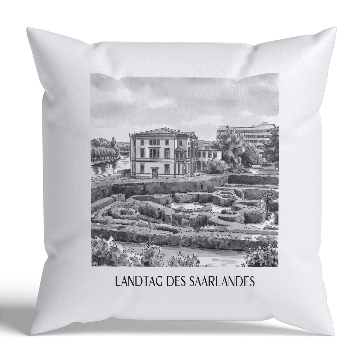 landtag-des-saarlandes-saarbrücken-deutschland-kissenbezug-aquarell-schwarz-weiss