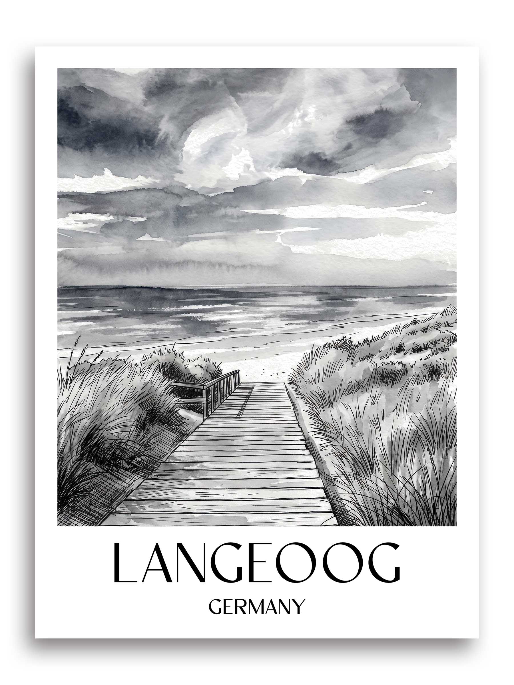 Langeoog Poster - - Deutschland Kunstdruck - Aquarell Schwarz-Weiß von A4 bis A1 - favplace