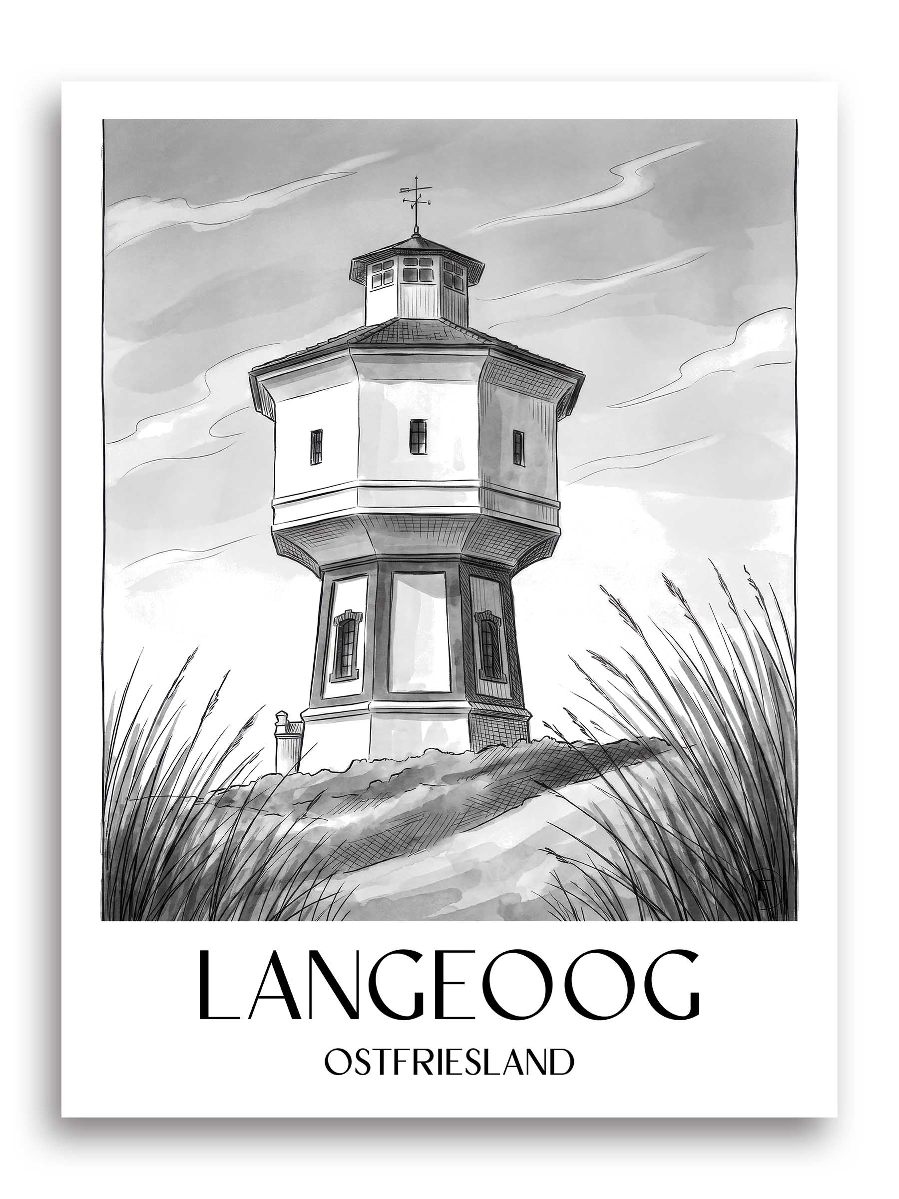 langeoog-ostfriesland-deutschland-poster-aquarell-schwarz-weiss
