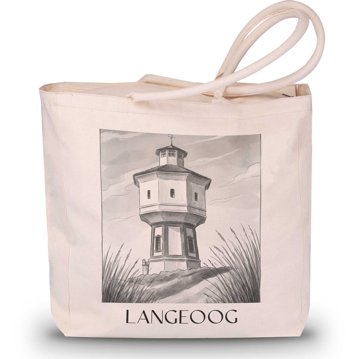 Langeoog Shopping Tasche - Ostfriesland - Deutschland Tote Bag - Einkaufstasche im Aquarell Schwarz-Weiß Stil - favplace