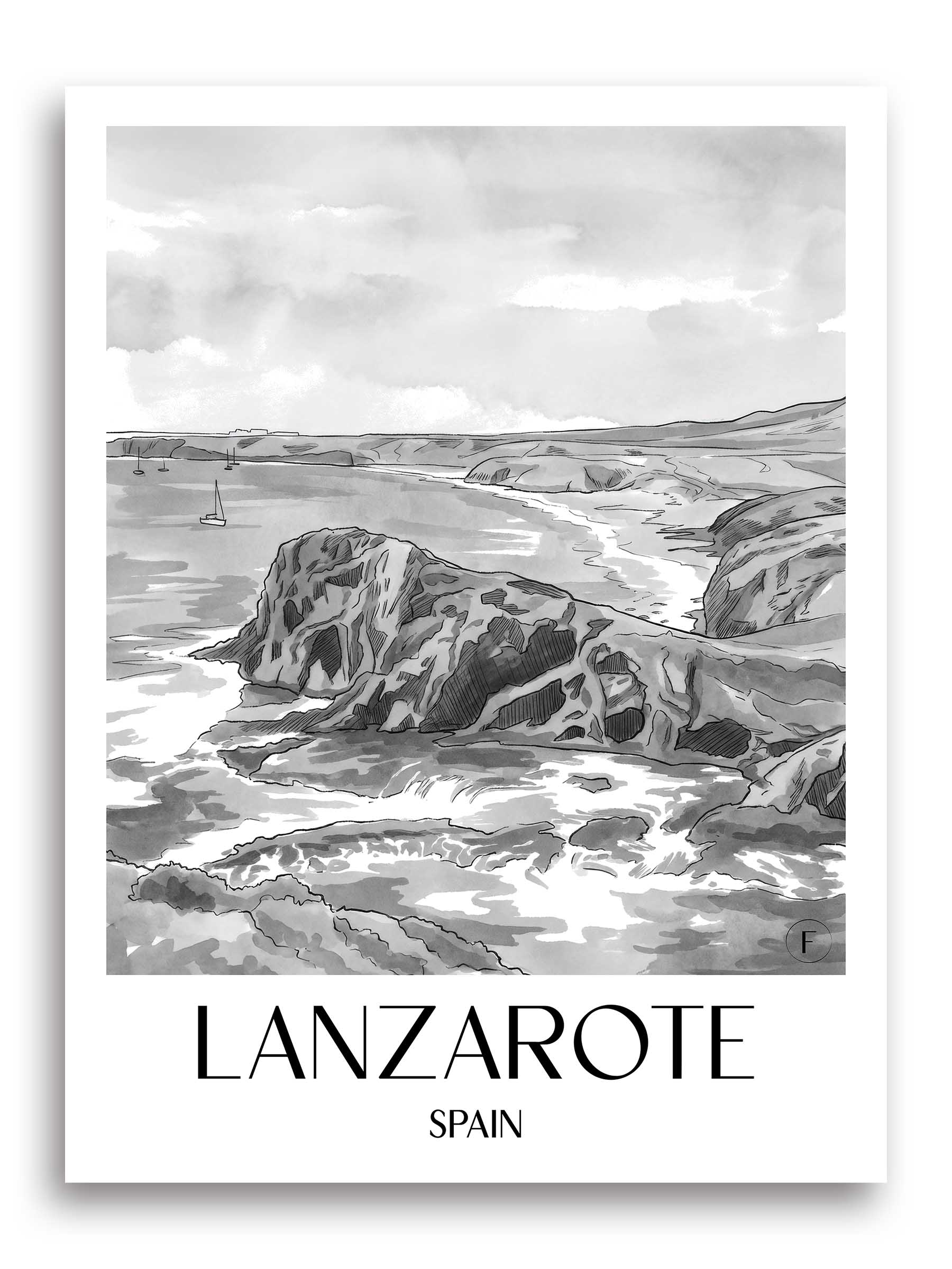 Lanzarote Poster - - Spanien Kunstdruck - Aquarell Schwarz-Weiß von A4 bis A1 - favplace