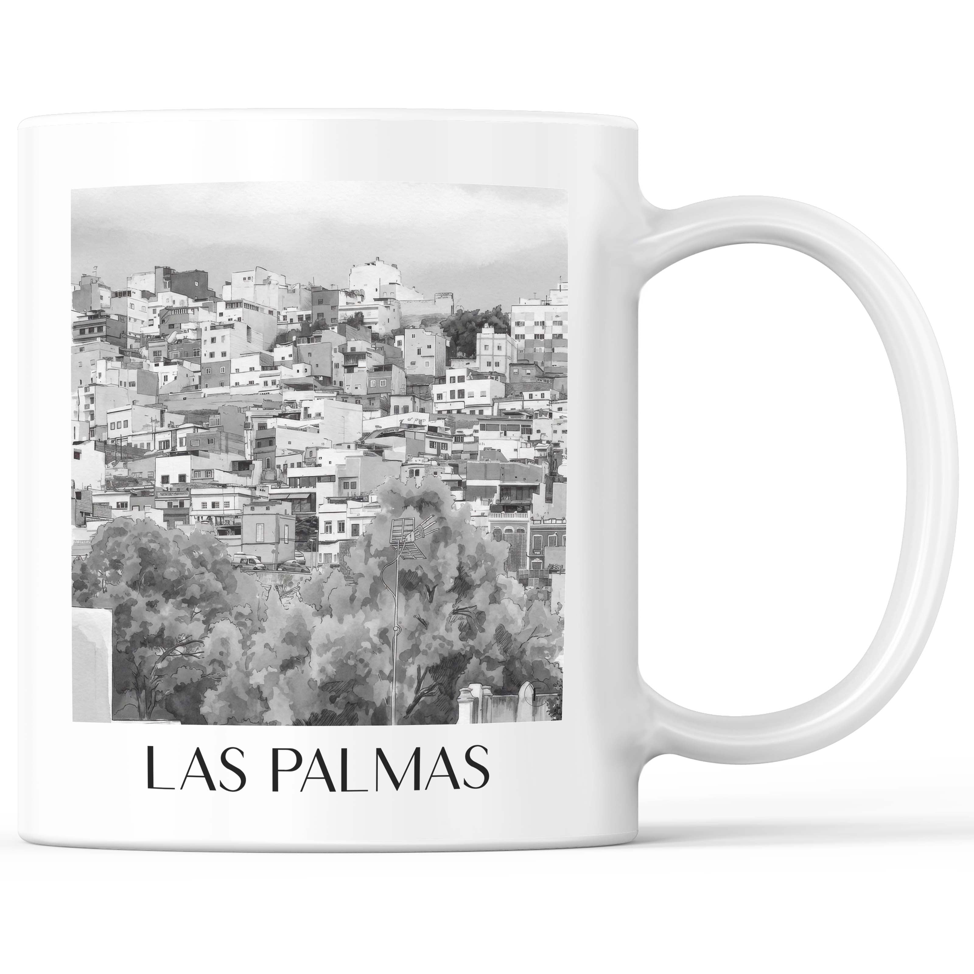 Las Palmas Kaffeebecher - Gran Canaria - Spanien Becher - Kaffeetasse im Aquarell Schwarz-Weiß Stil - favplace