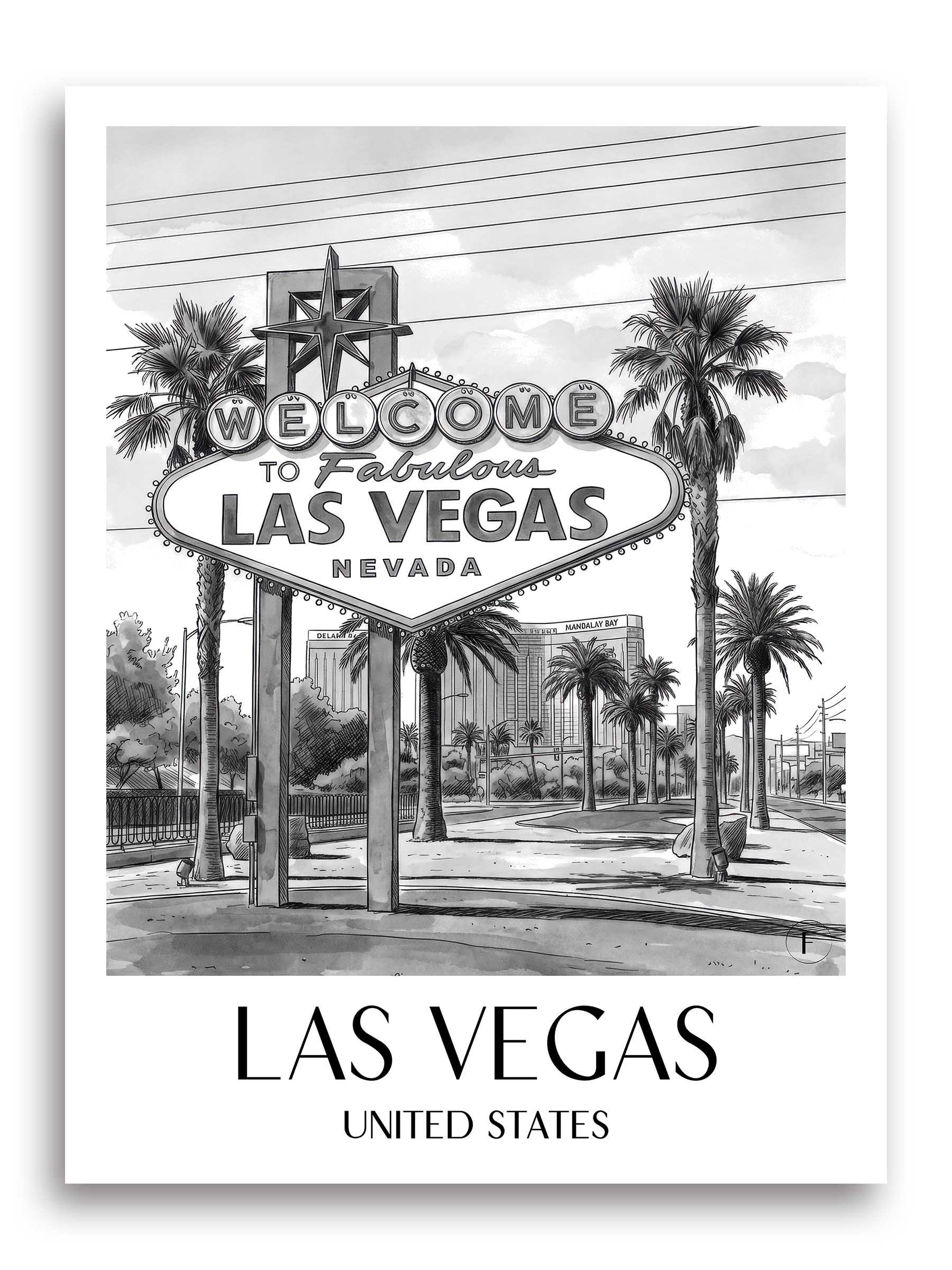 Las Vegas Poster - - Vereinigte Staaten Kunstdruck - Aquarell Schwarz-Weiß von A4 bis A1 - favplace