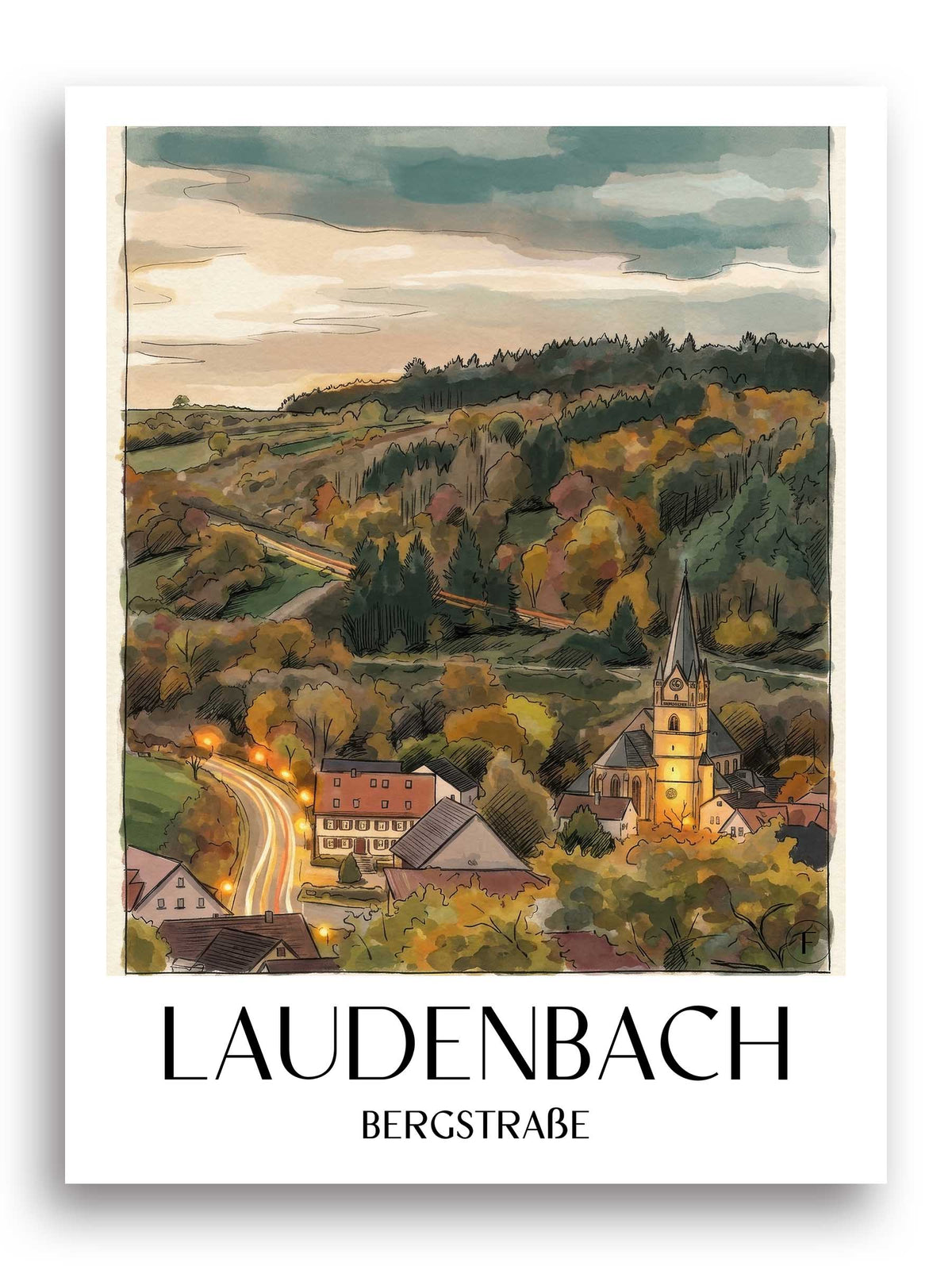 laudenbach-bergstraße-deutschland-poster-aquarell