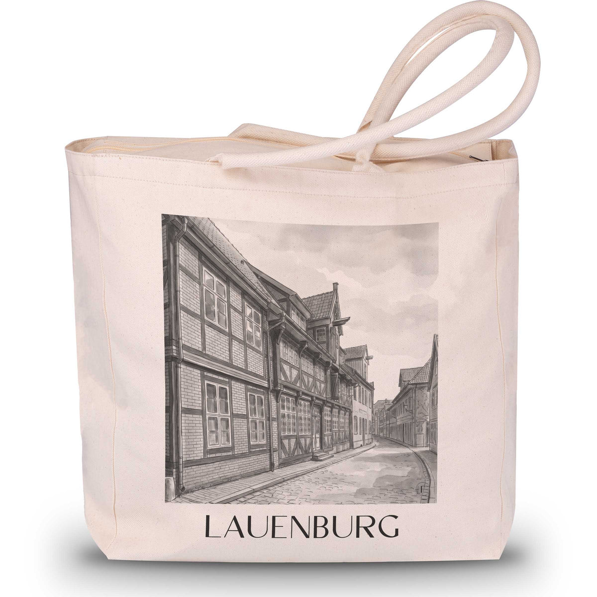 Lauenburg Shopping Tasche - Schleswig-Holstein - Deutschland Tote Bag - Einkaufstasche im Aquarell Schwarz-Weiß Stil - favplace