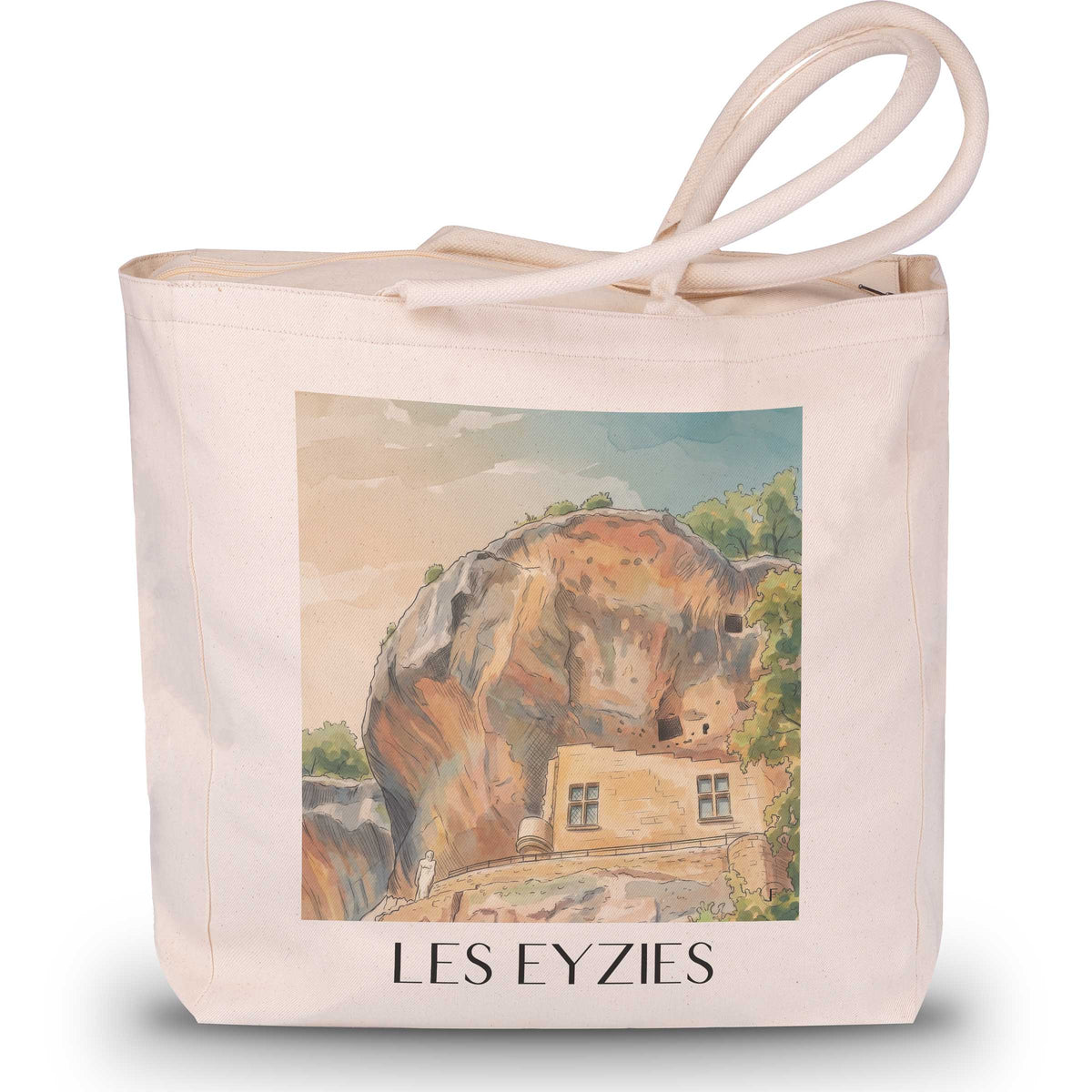 les-eyzies-vallée-de-la-vézère-frankreich-einkaufstasche-aquarell