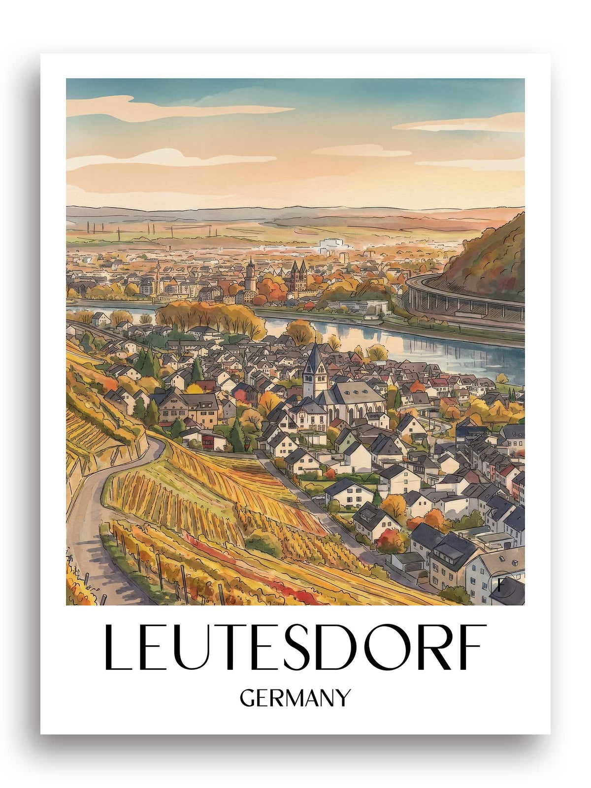 Leutesdorf Poster - Mittelrhein - Deutschland Kunstdruck - Aquarell von A4 bis A1 - favplace