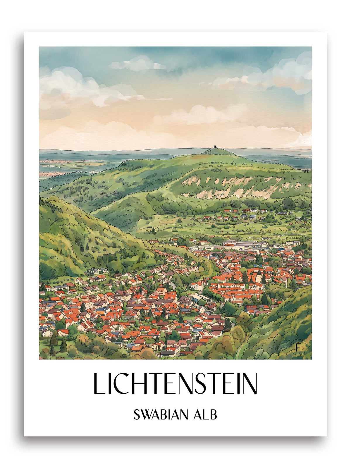 Lichtenstein Poster - Schwäbische Alb - Deutschland Kunstdruck - Aquarell von A4 bis A1 - favplace