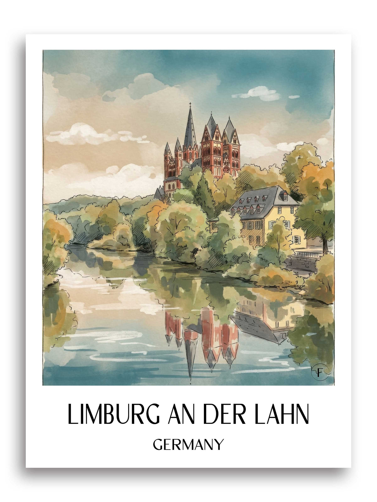 Limburg an der Lahn Poster - Lahntal - Deutschland Kunstdruck - Aquarell von A4 bis A1 - favplace