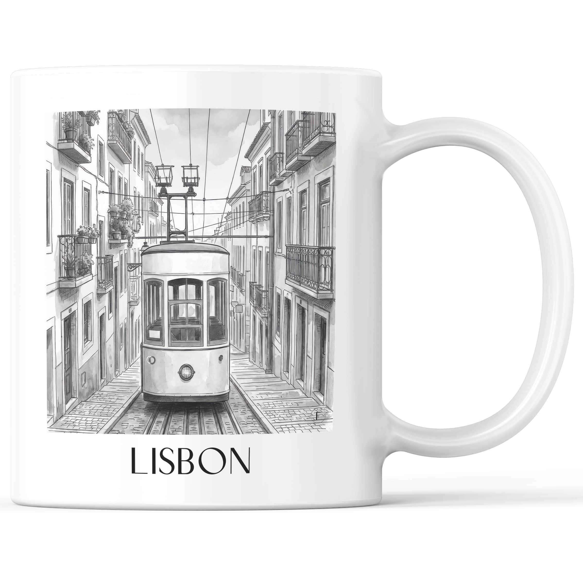 Lissabon - Portugal Becher - Kaffeetasse im Aquarell Schwarz-Weiß Stil - favplace