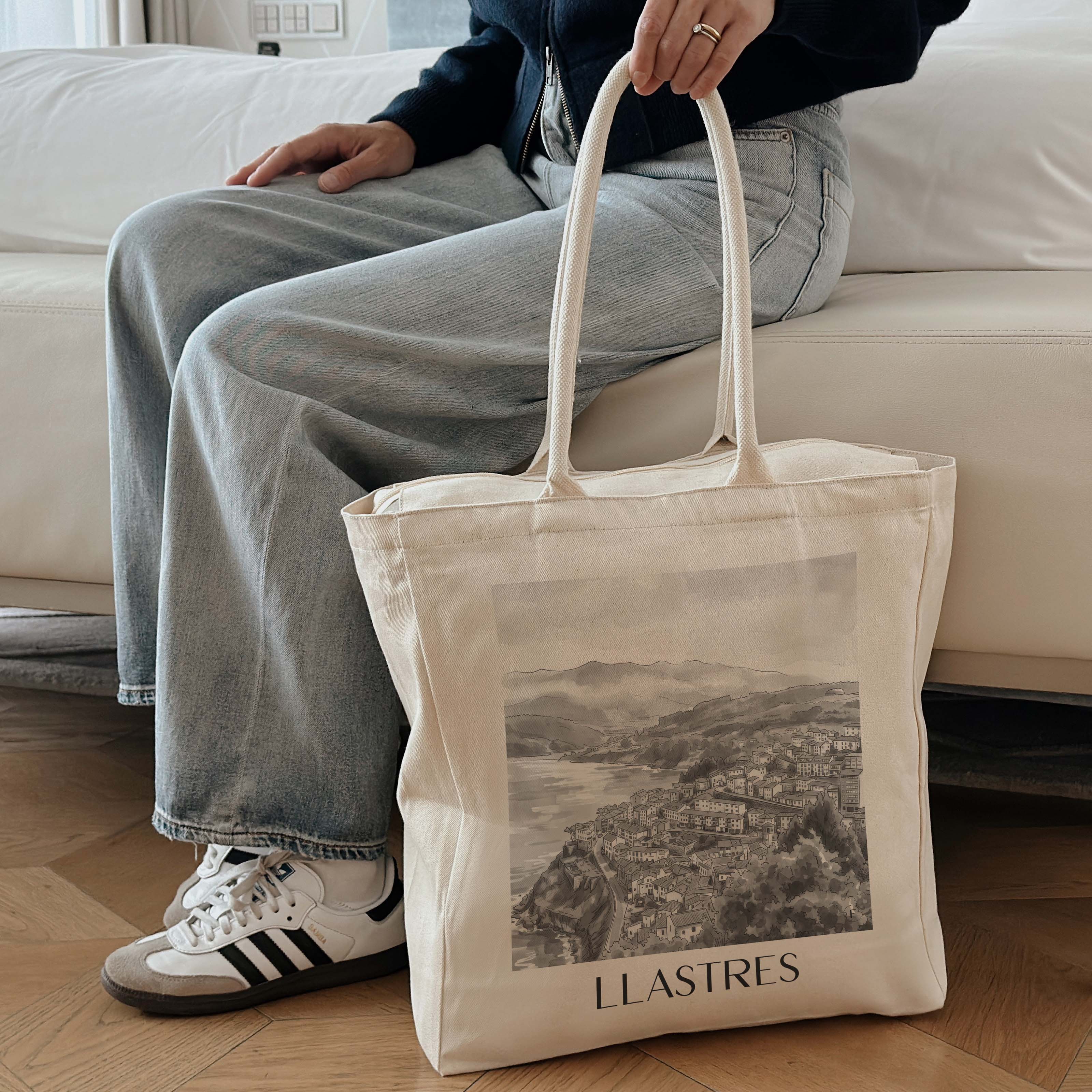 llastres-spanien-spanien-einkaufstasche-aquarell-schwarz-weiss