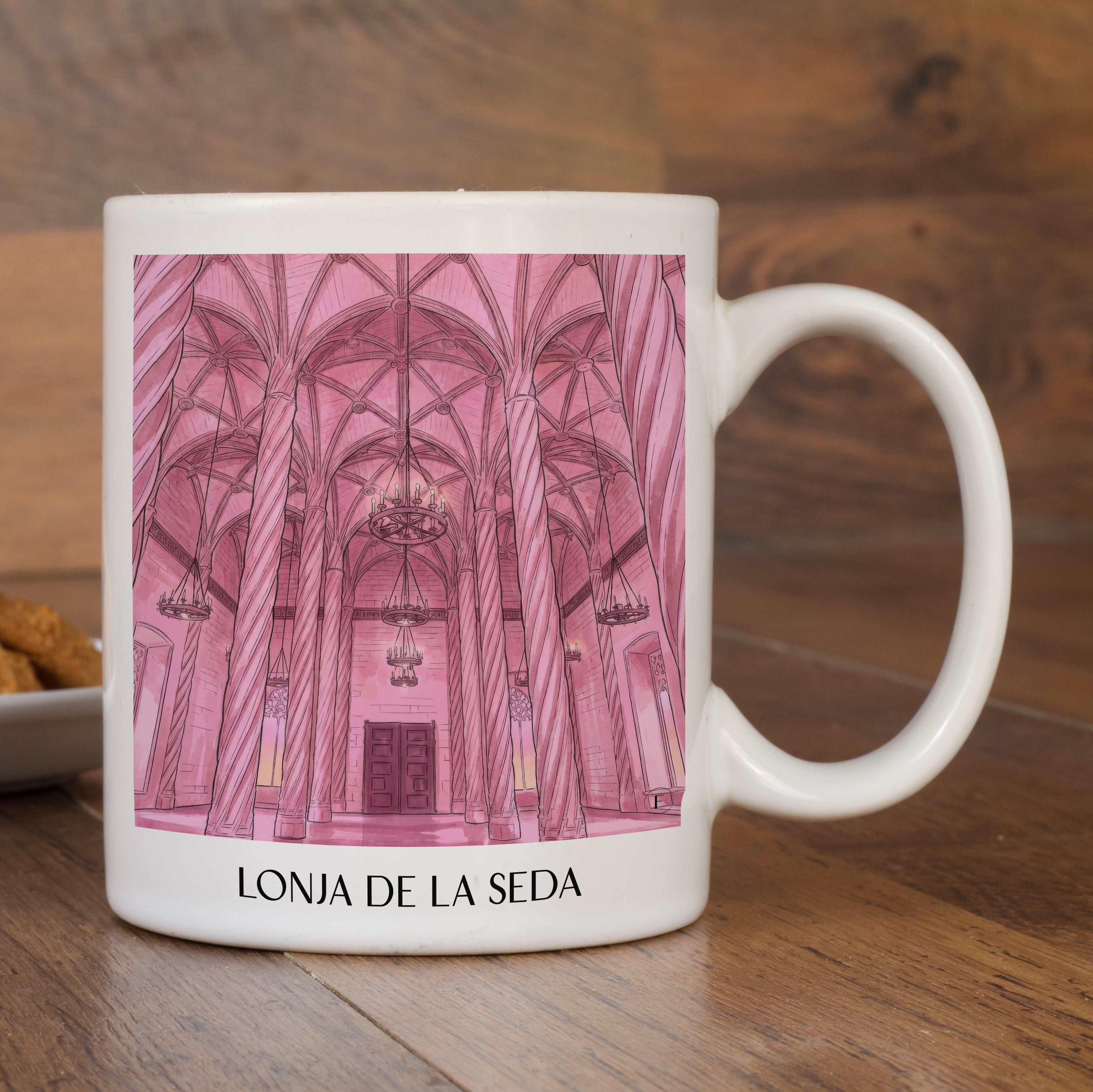 lonja-de-la-seda-valencia-spanien-kaffeebecher-aquarell-pink-rosa