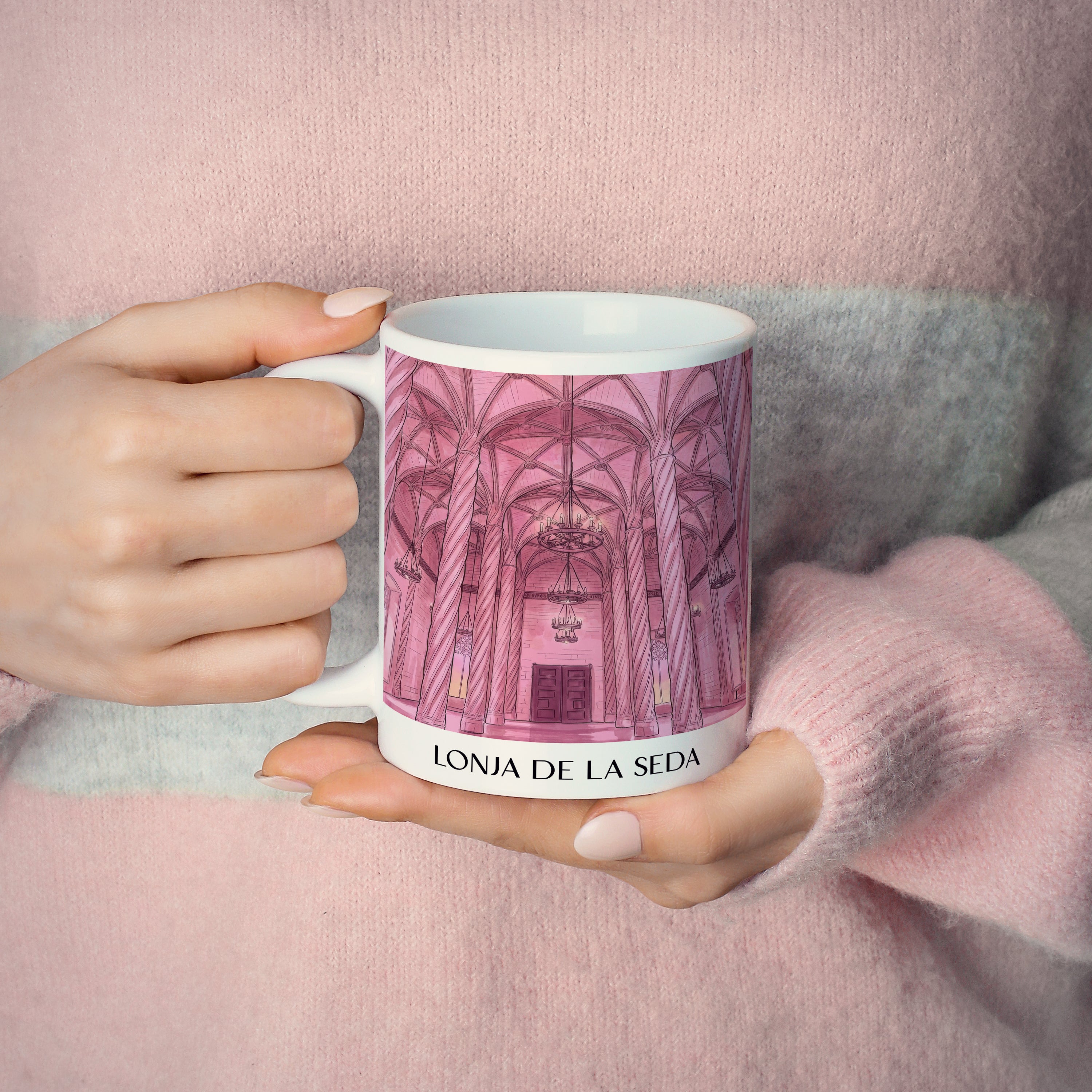 lonja-de-la-seda-valencia-spanien-kaffeebecher-aquarell-pink-rosa