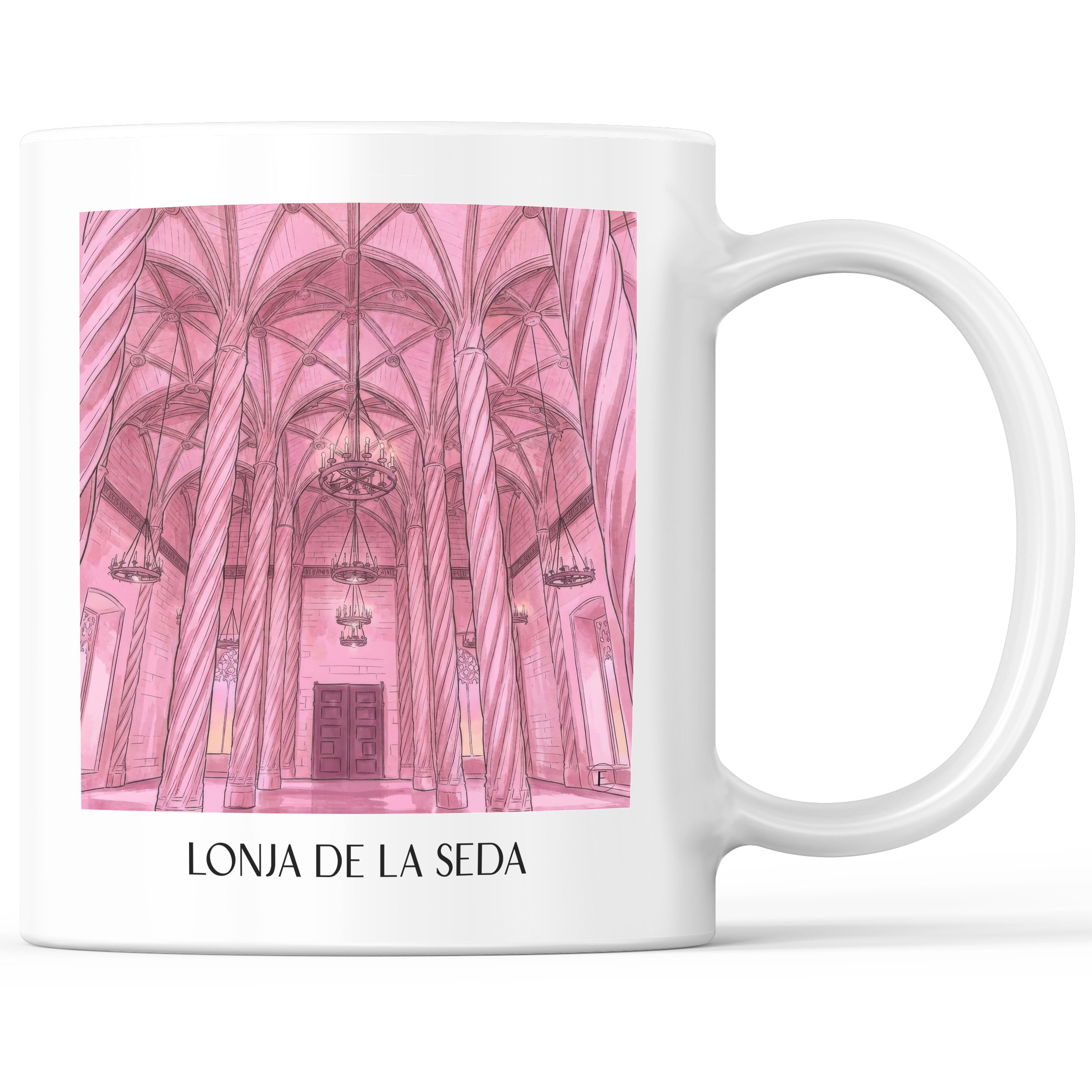 Lonja de la Seda Kaffeebecher - Valencia - Spanien Becher - Kaffeetasse im Aquarell Pink Stil - favplace
