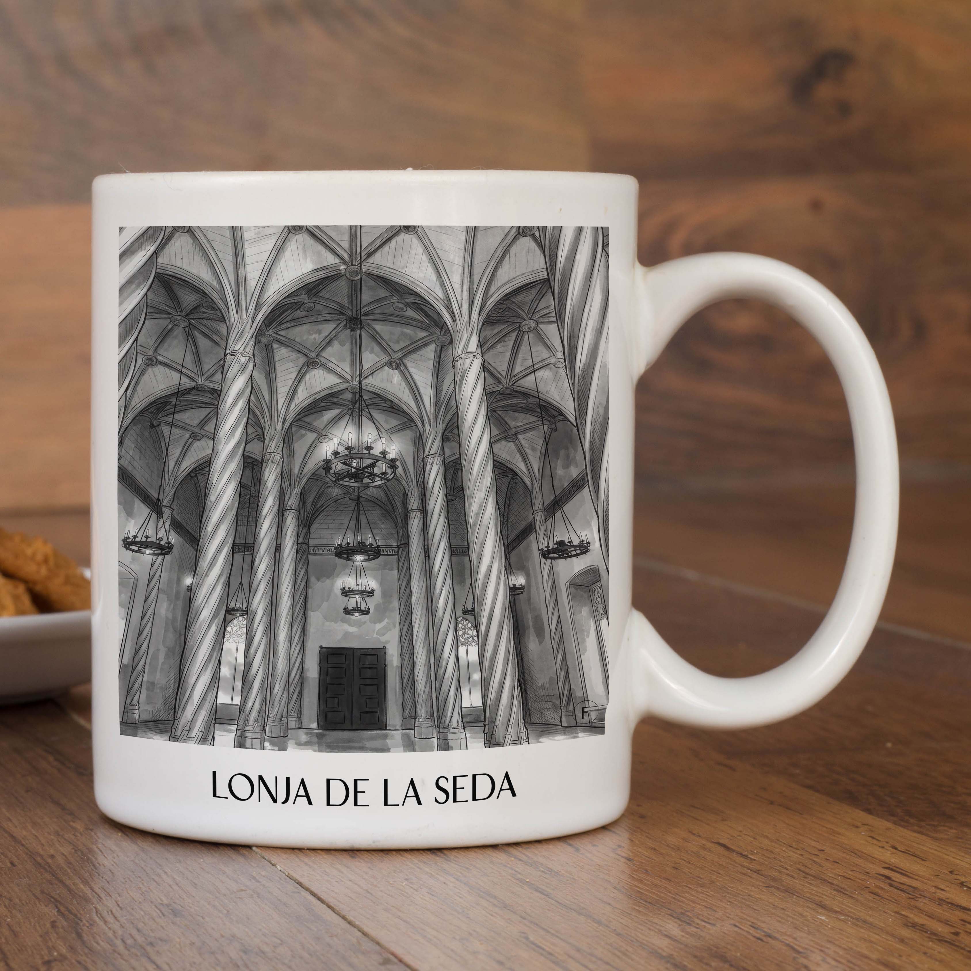 lonja-de-la-seda-valencia-spanien-kaffeebecher-aquarell-schwarz-weiss