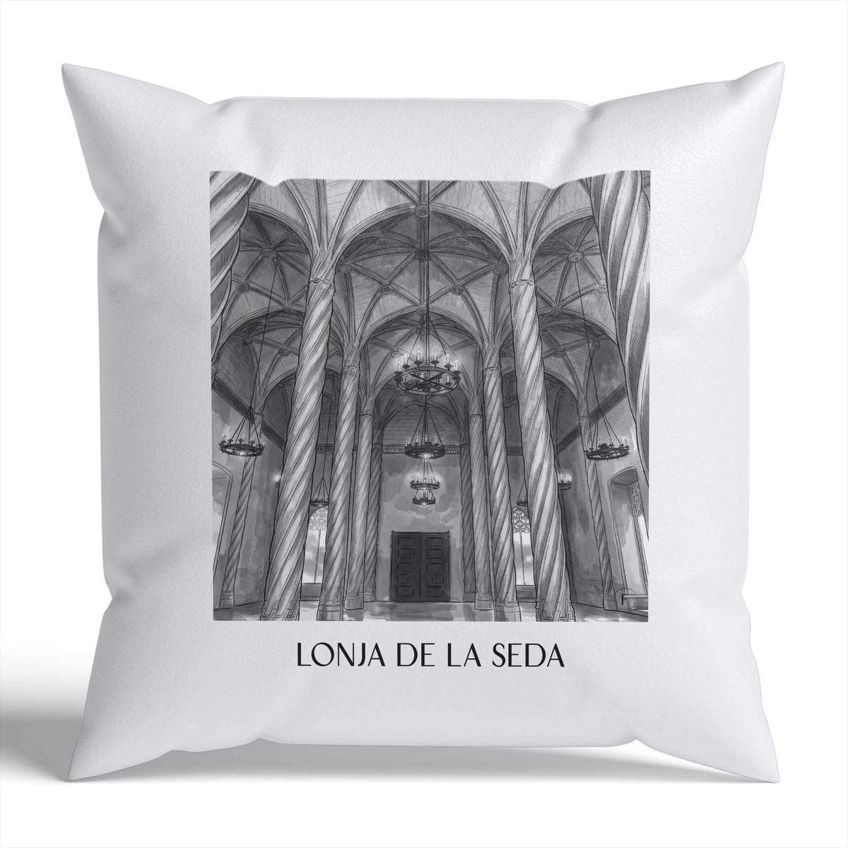 lonja-de-la-seda-valencia-spanien-kissenbezug-aquarell-schwarz-weiss