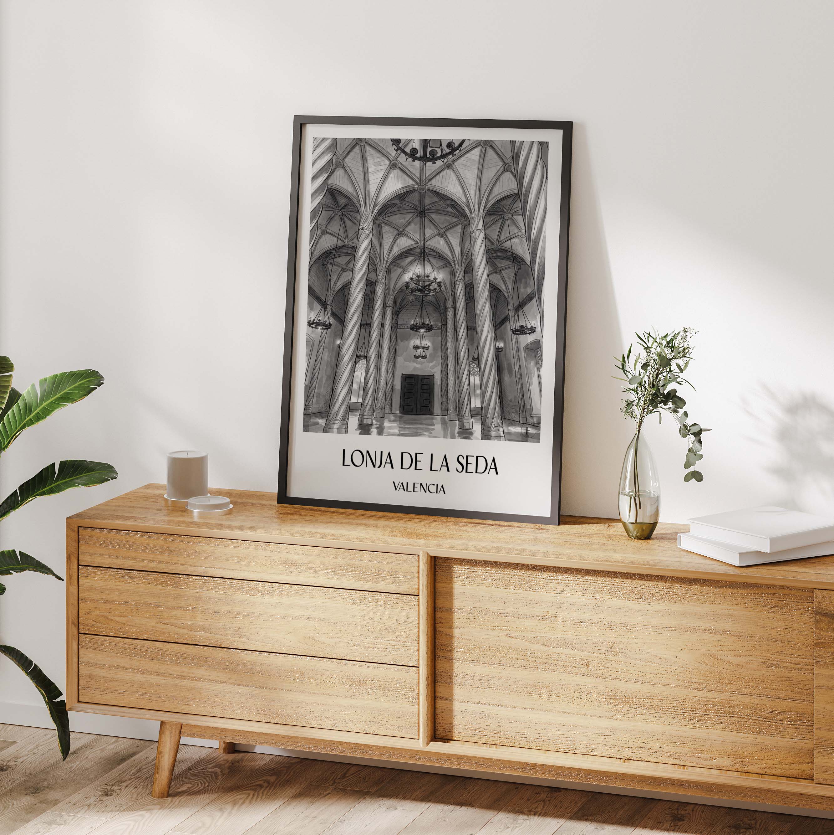 lonja-de-la-seda-valencia-spanien-poster-aquarell-schwarz-weiss