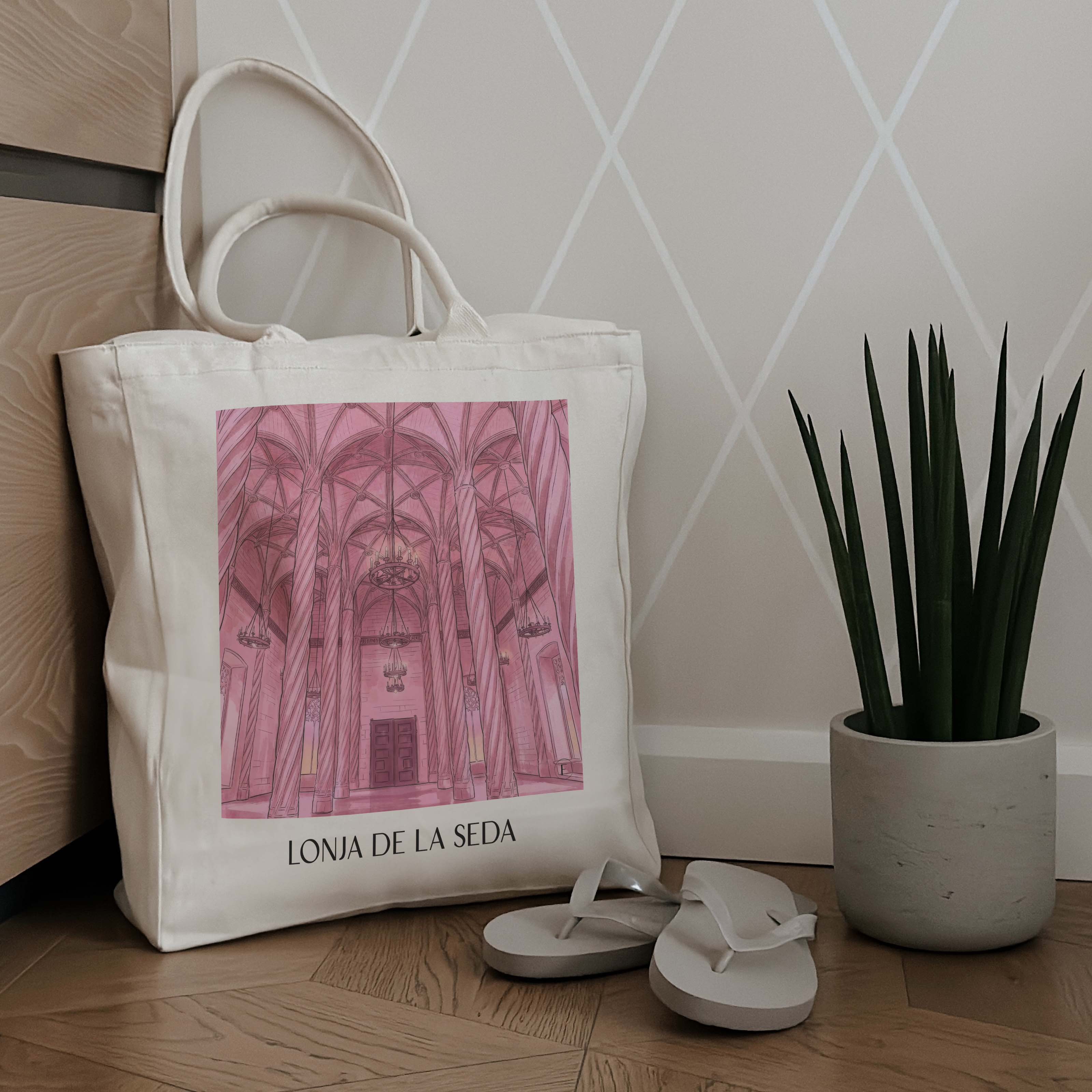 lonja-de-la-seda-valencia-spanien-einkaufstasche-aquarell-pink-rosa