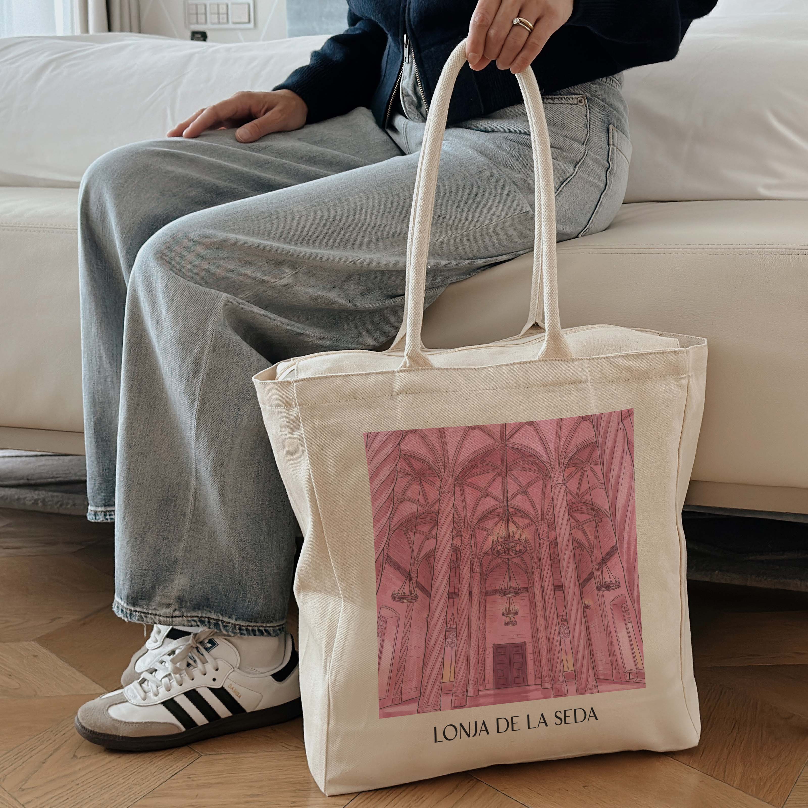 lonja-de-la-seda-valencia-spanien-einkaufstasche-aquarell-pink-rosa