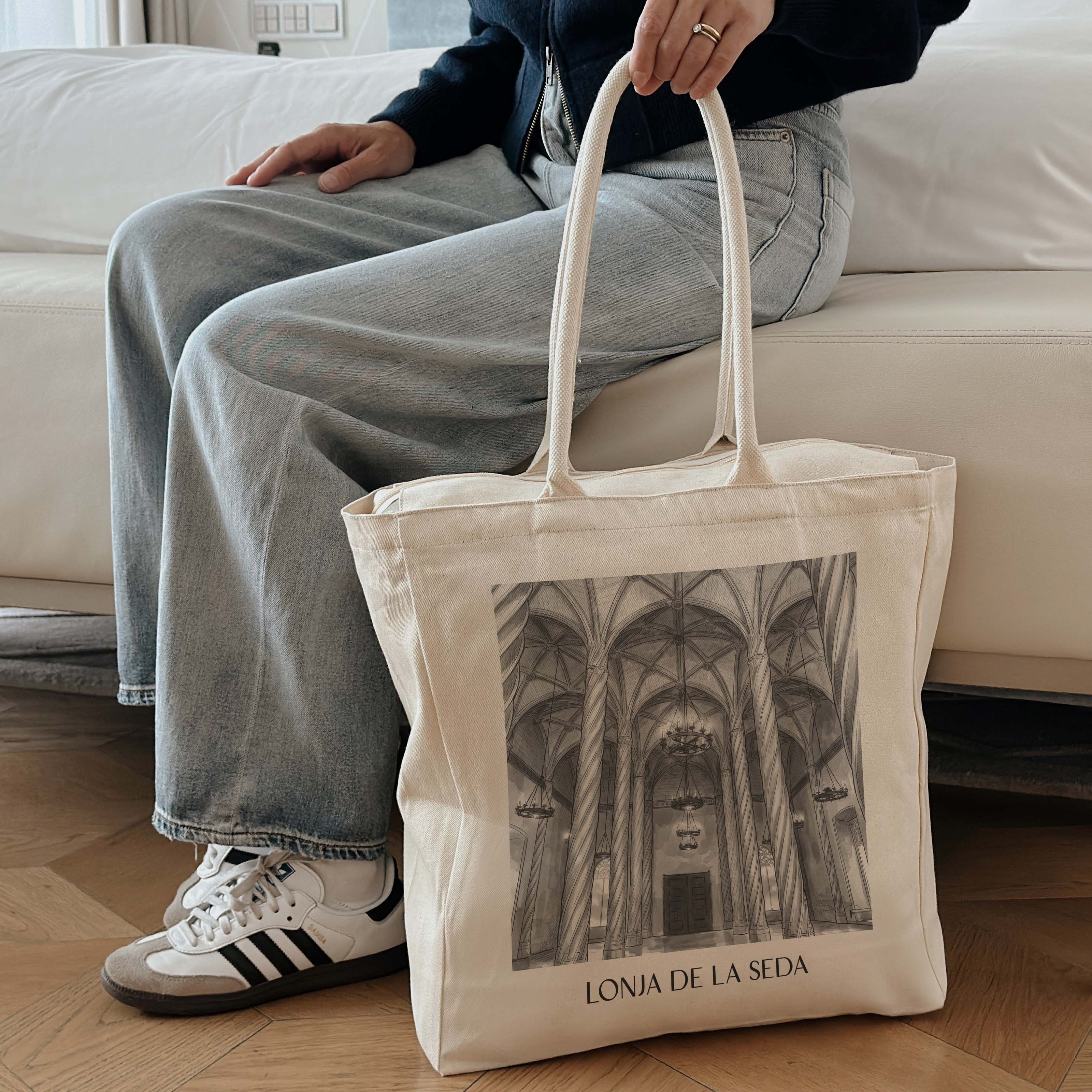lonja-de-la-seda-valencia-spanien-einkaufstasche-aquarell-schwarz-weiss