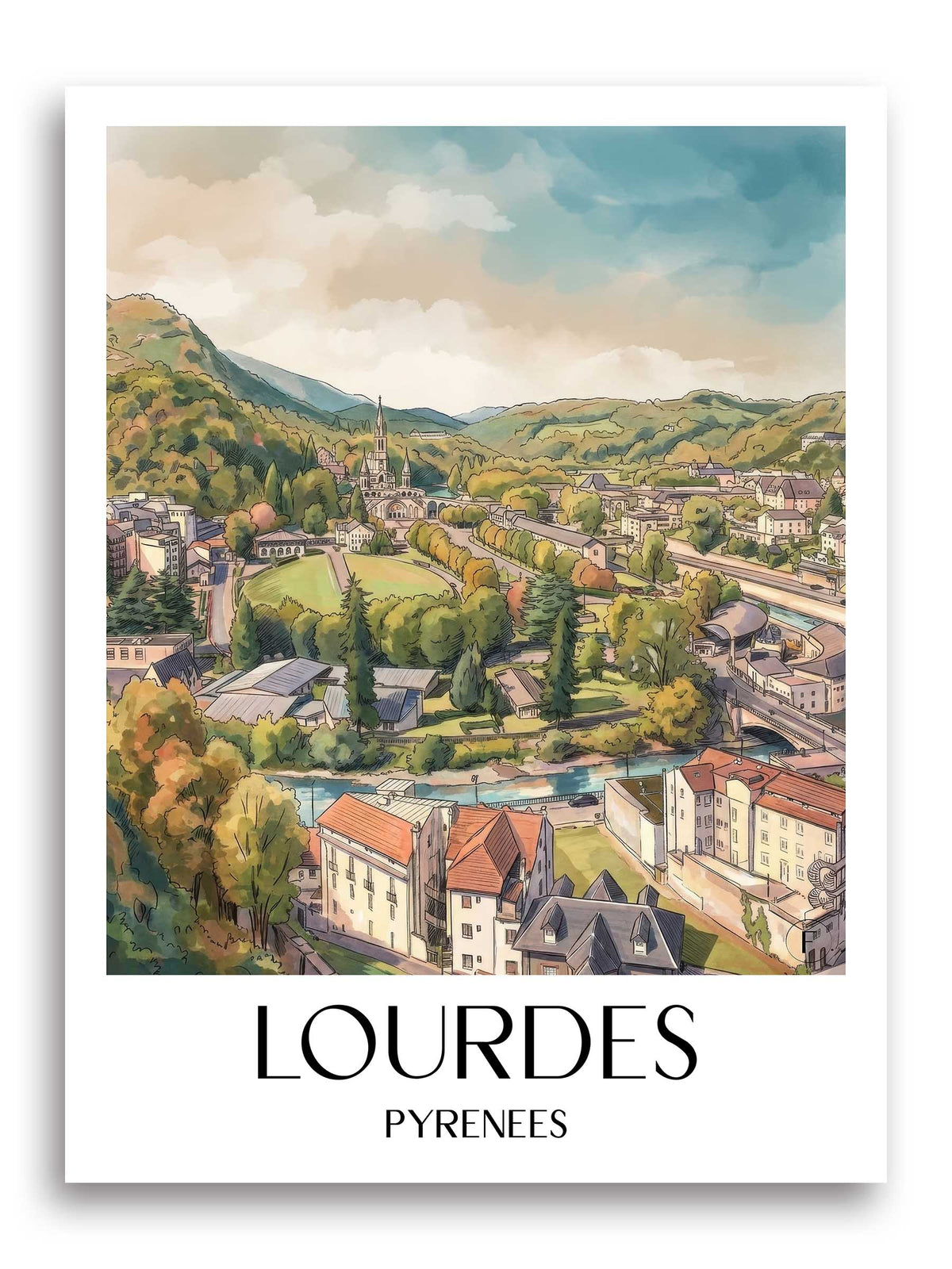 Lourdes Poster - Pyrénées - Frankreich Kunstdruck - Aquarell von A4 bis A1 - favplace