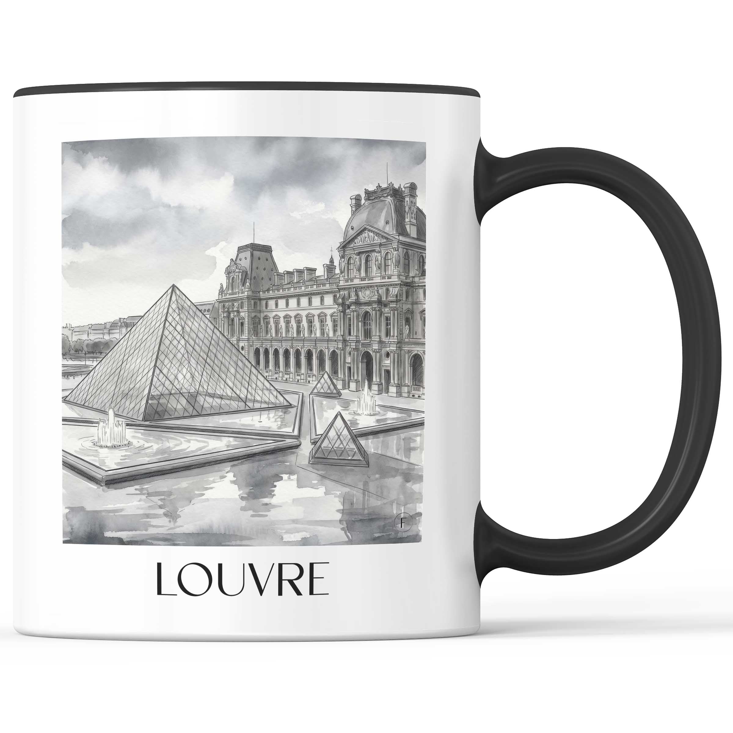 Louvre Kaffeebecher - Paris - Frankreich Becher - Kaffeetasse im Aquarell Schwarz-Weiß Stil - favplace