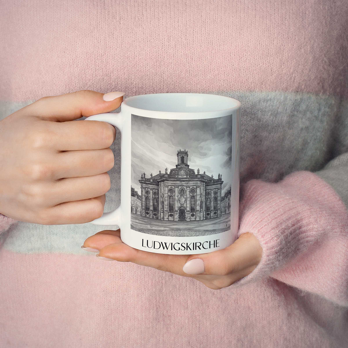 ludwigskirche-saarbrücken-deutschland-kaffeebecher-aquarell-schwarz-weiss