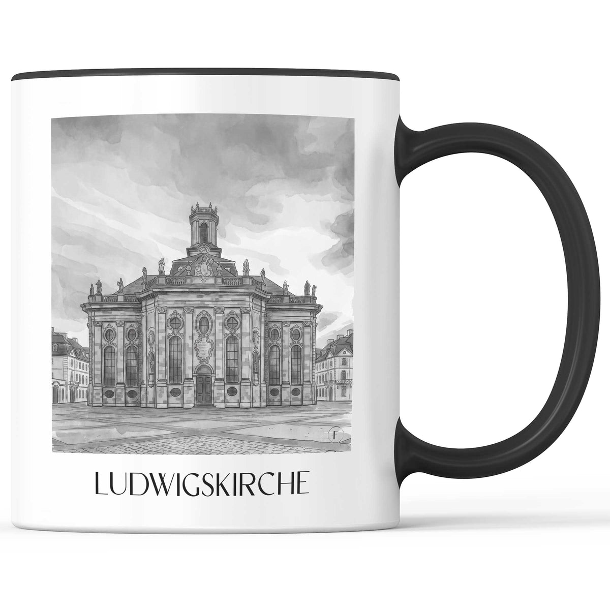 Ludwigskirche Kaffeebecher - Saarbrücken - Deutschland Becher - Kaffeetasse im Aquarell Schwarz-Weiß Stil - favplace