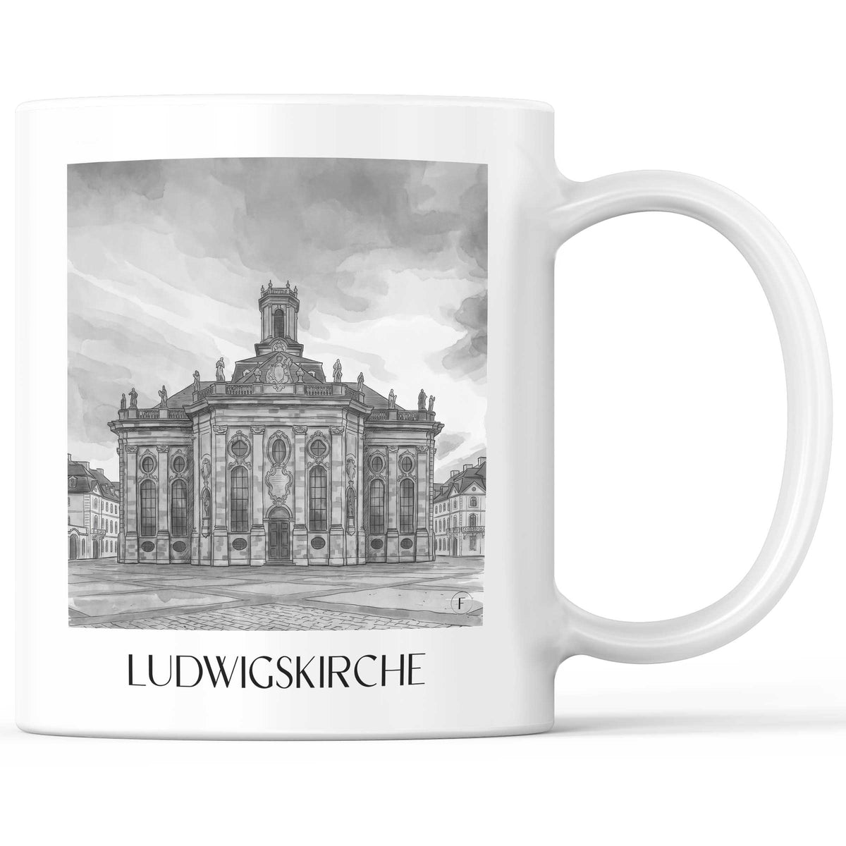 Ludwigskirche Kaffeebecher - Saarbrücken - Deutschland Becher - Kaffeetasse im Aquarell Schwarz-Weiß Stil - favplace