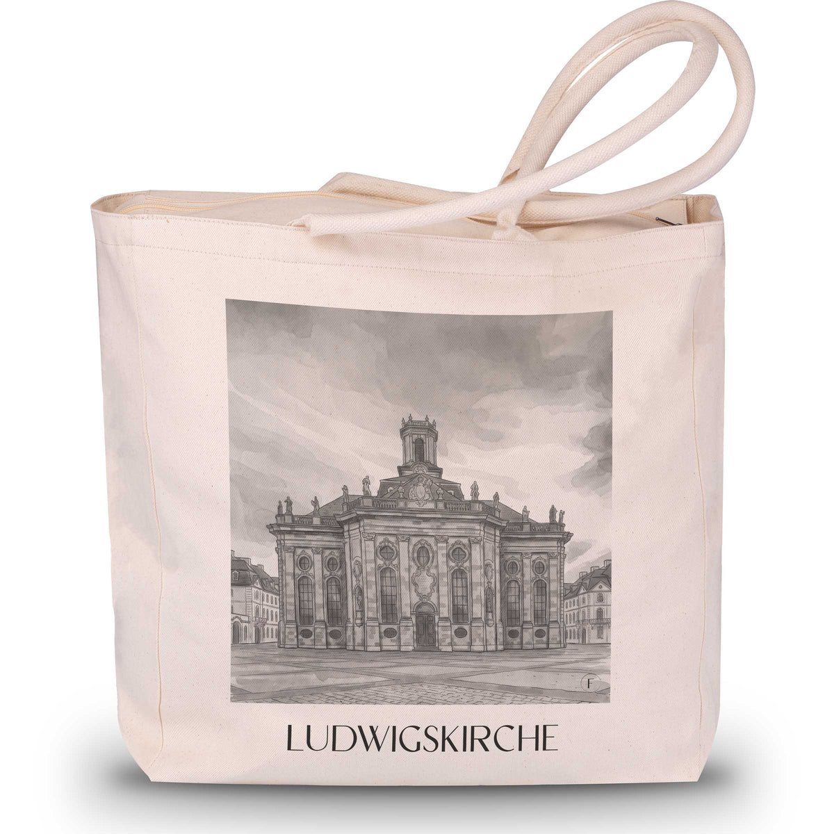 Ludwigskirche Shopping Tasche - Saarbrücken - Deutschland Tote Bag - Einkaufstasche im Aquarell Schwarz-Weiß Stil - favplace