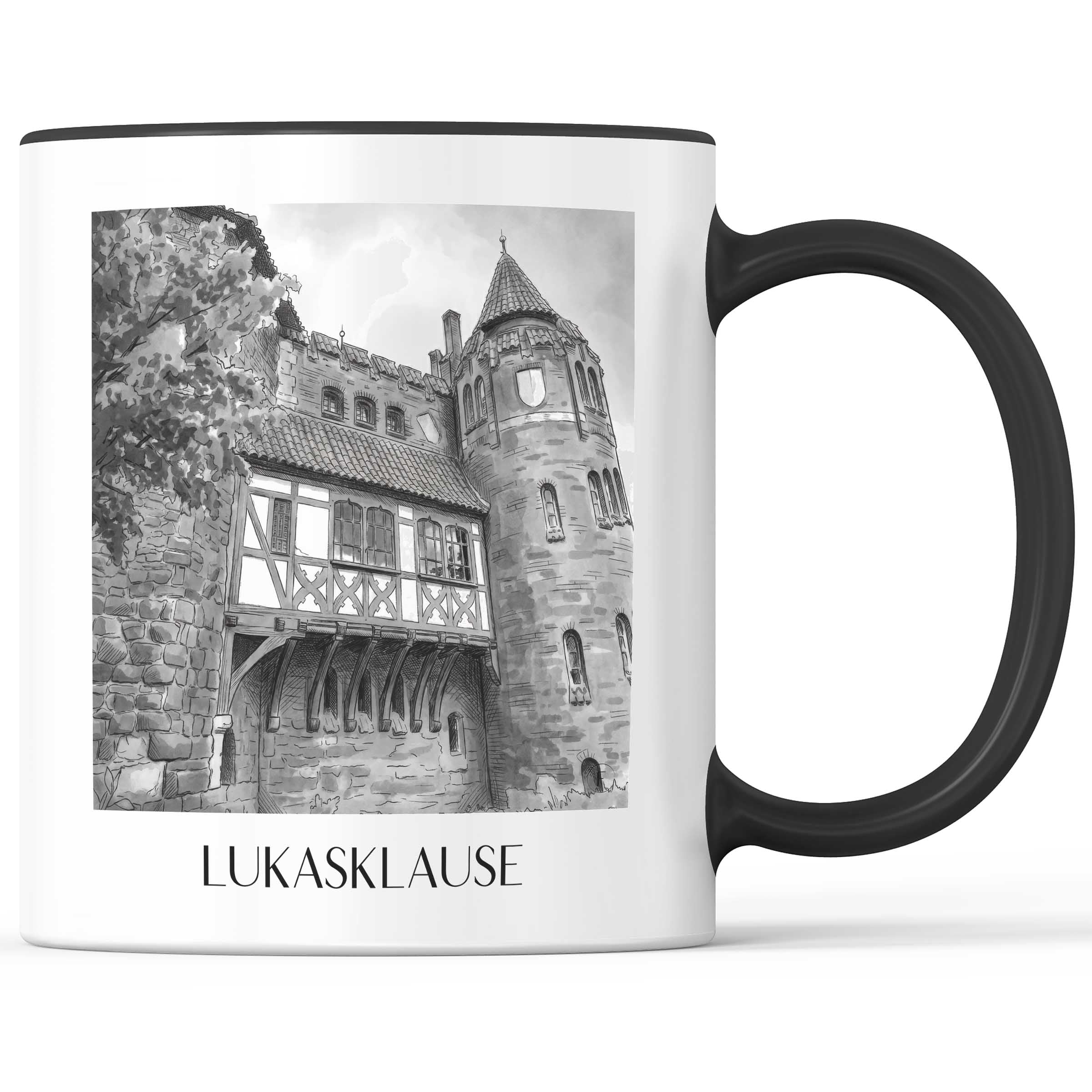 Lukasklause Kaffeebecher - Magdeburg - Deutschland Becher - Kaffeetasse im Aquarell Schwarz-Weiß Stil - favplace