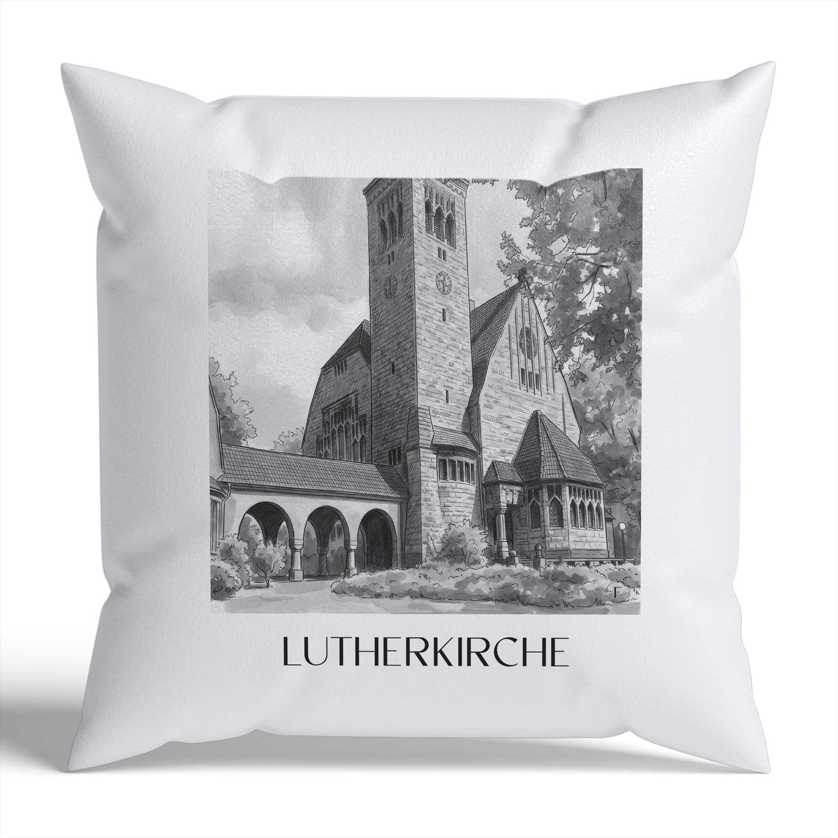 lutherkirche-bochum-deutschland-kissenbezug-aquarell-schwarz-weiss