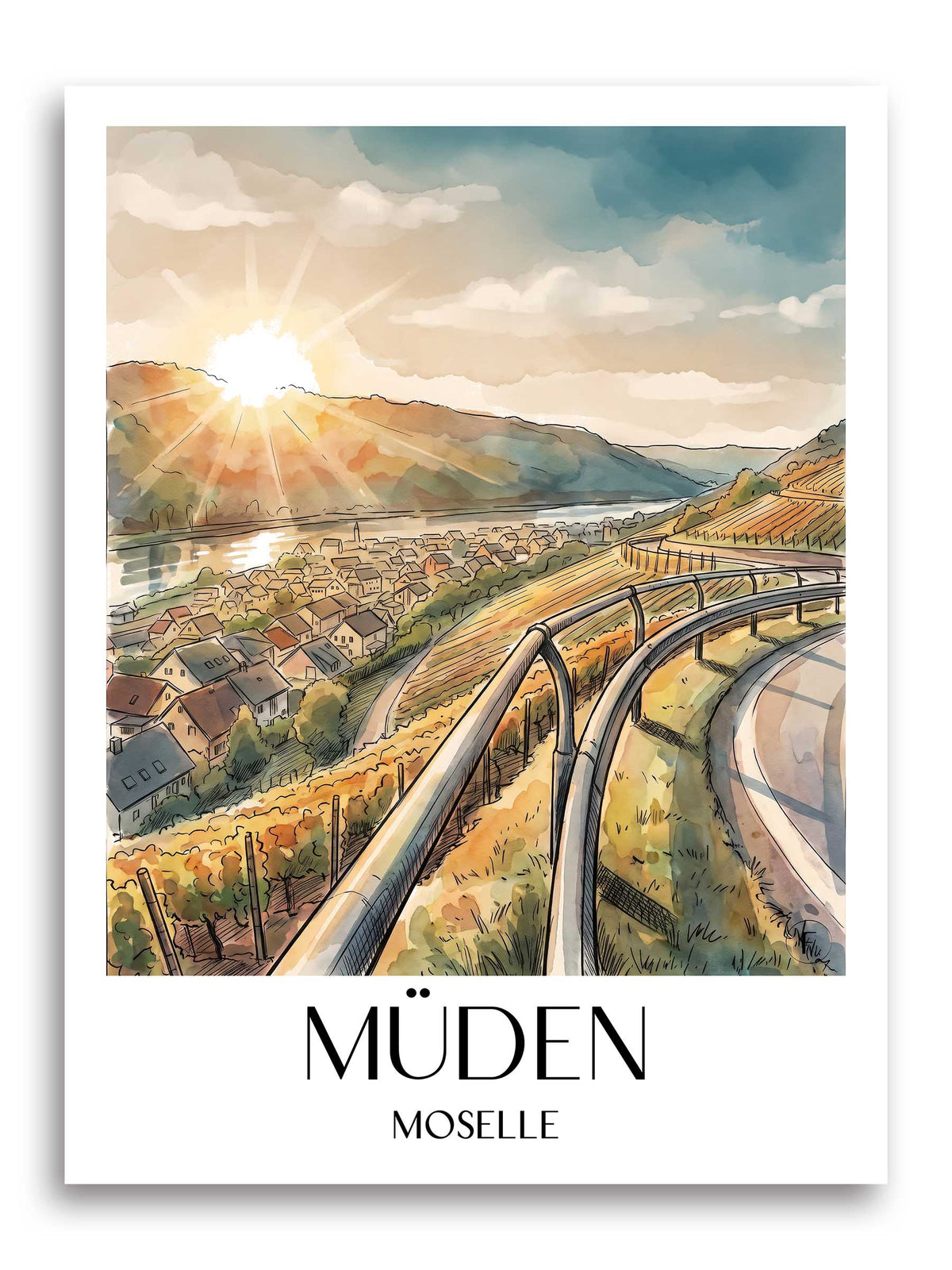 Müden Poster - Mosel - Deutschland Kunstdruck - Aquarell von A4 bis A1 - favplace