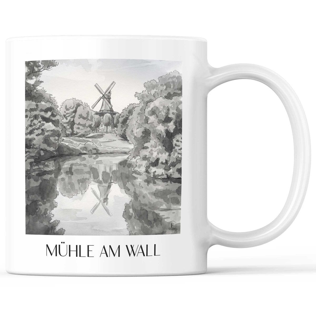Mühle am Wall Kaffeebecher - Bremen - Deutschland Becher - Kaffeetasse im Aquarell Schwarz-Weiß Stil - favplace