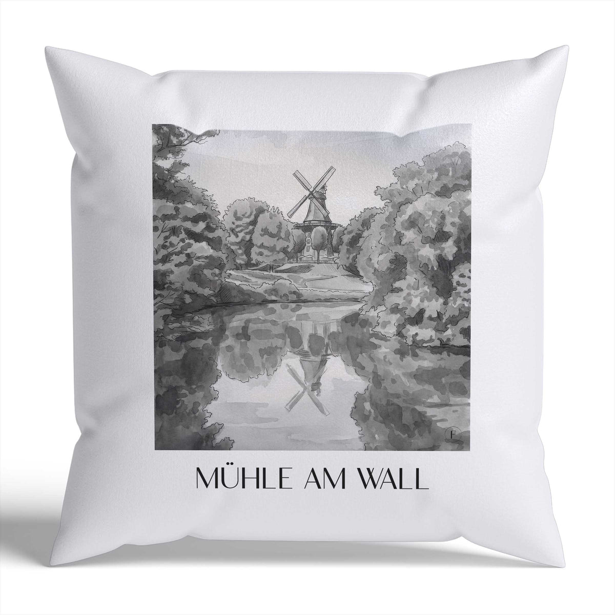 mühle-am-wall-bremen-deutschland-kissenbezug-aquarell-schwarz-weiss