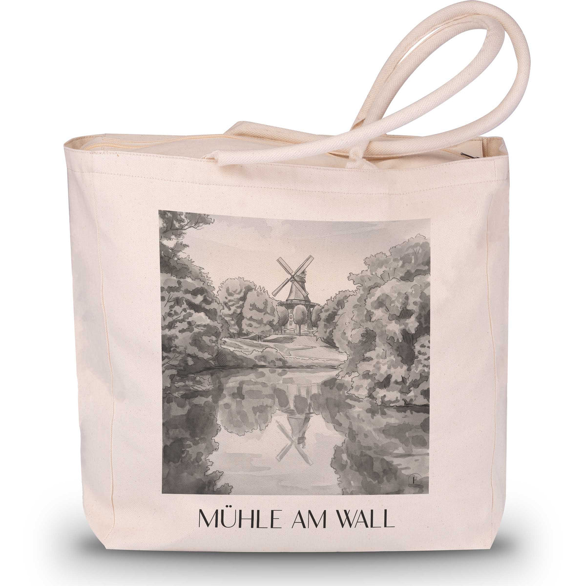 Mühle am Wall Shopping Tasche - Bremen - Deutschland Tote Bag - Einkaufstasche im Aquarell Schwarz-Weiß Stil - favplace