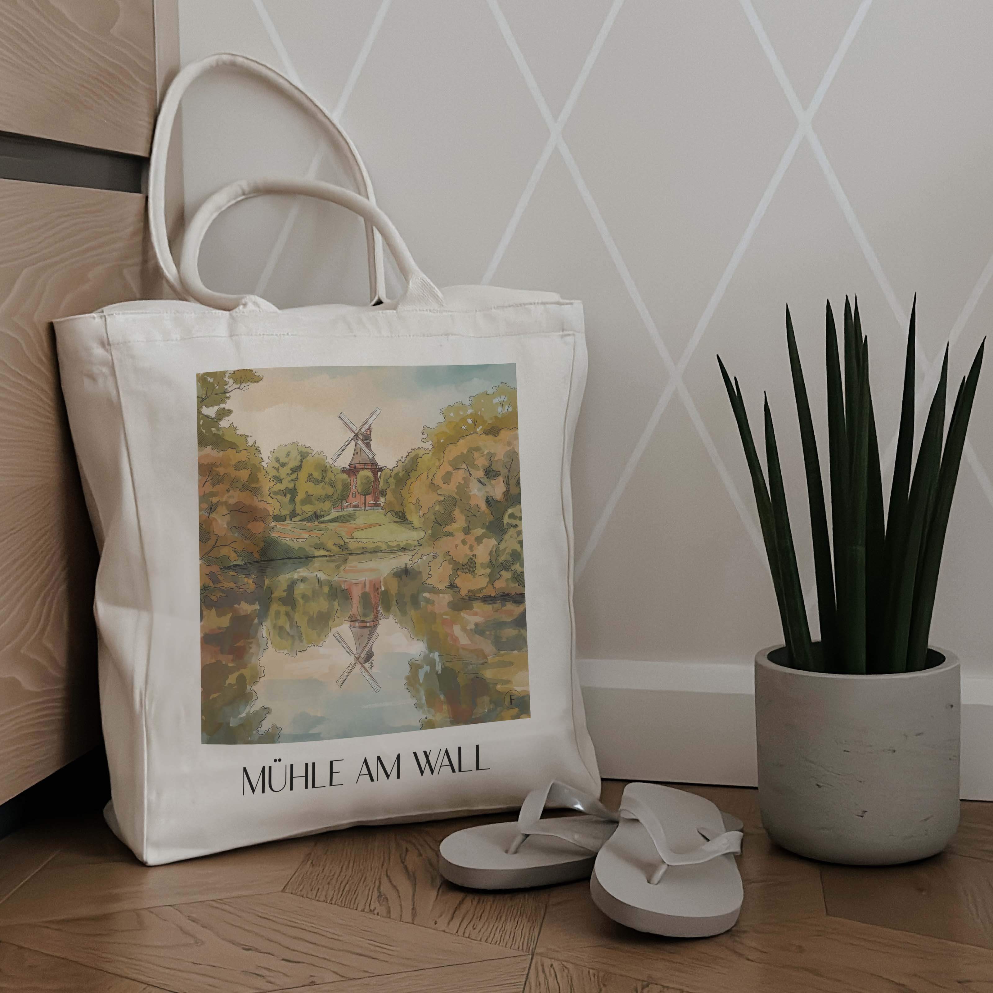 mühle-am-wall-bremen-deutschland-einkaufstasche-aquarell