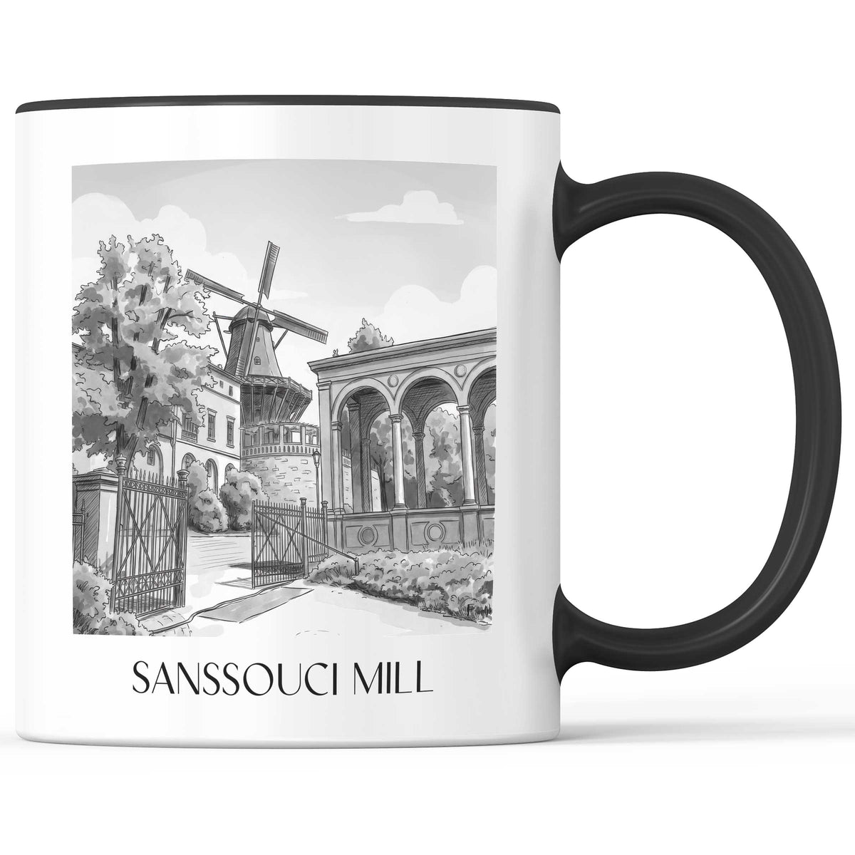 Mühle von Sanssouci Kaffeebecher - Potsdam - Deutschland Becher - Kaffeetasse im Aquarell Schwarz-Weiß Stil - favplace