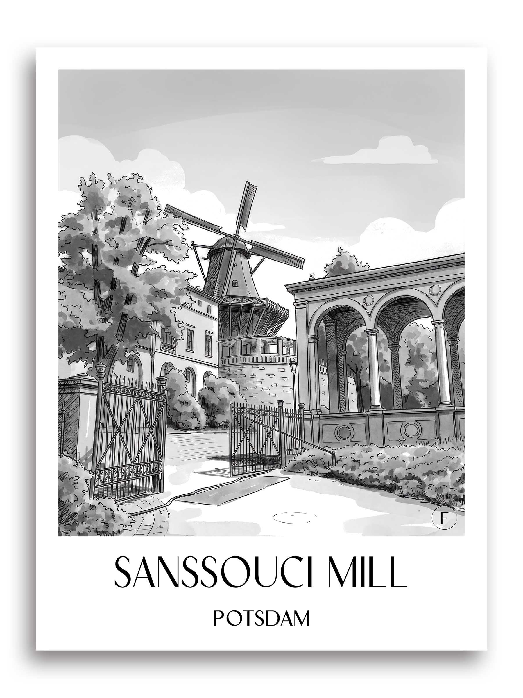 Mühle von Sanssouci Poster - Potsdam - Deutschland Kunstdruck - Aquarell Schwarz-Weiß von A4 bis A1 - favplace