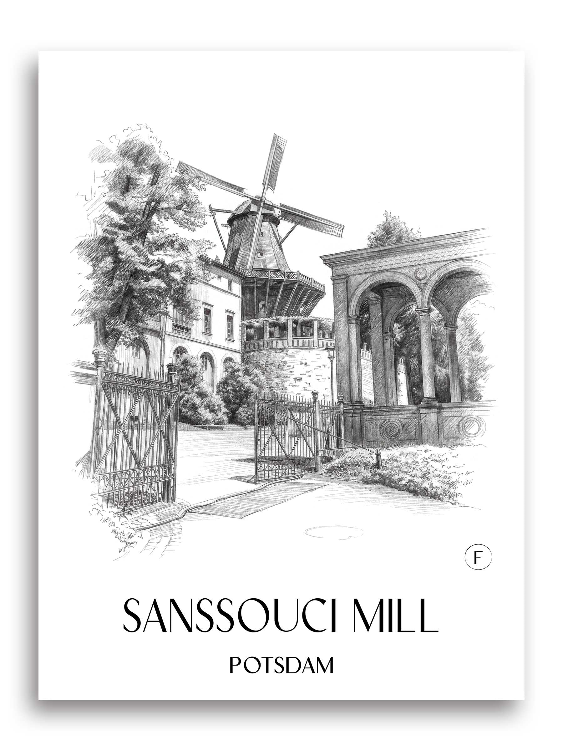 Mühle von Sanssouci Poster - Potsdam - Deutschland Kunstdruck - Zeichnung von A4 bis A1