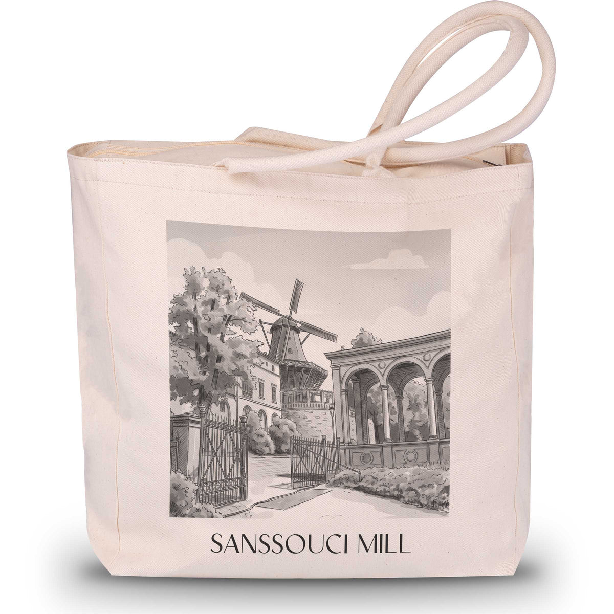Mühle von Sanssouci Shopping Tasche - Potsdam - Deutschland Tote Bag - Einkaufstasche im Aquarell Schwarz-Weiß Stil - favplace