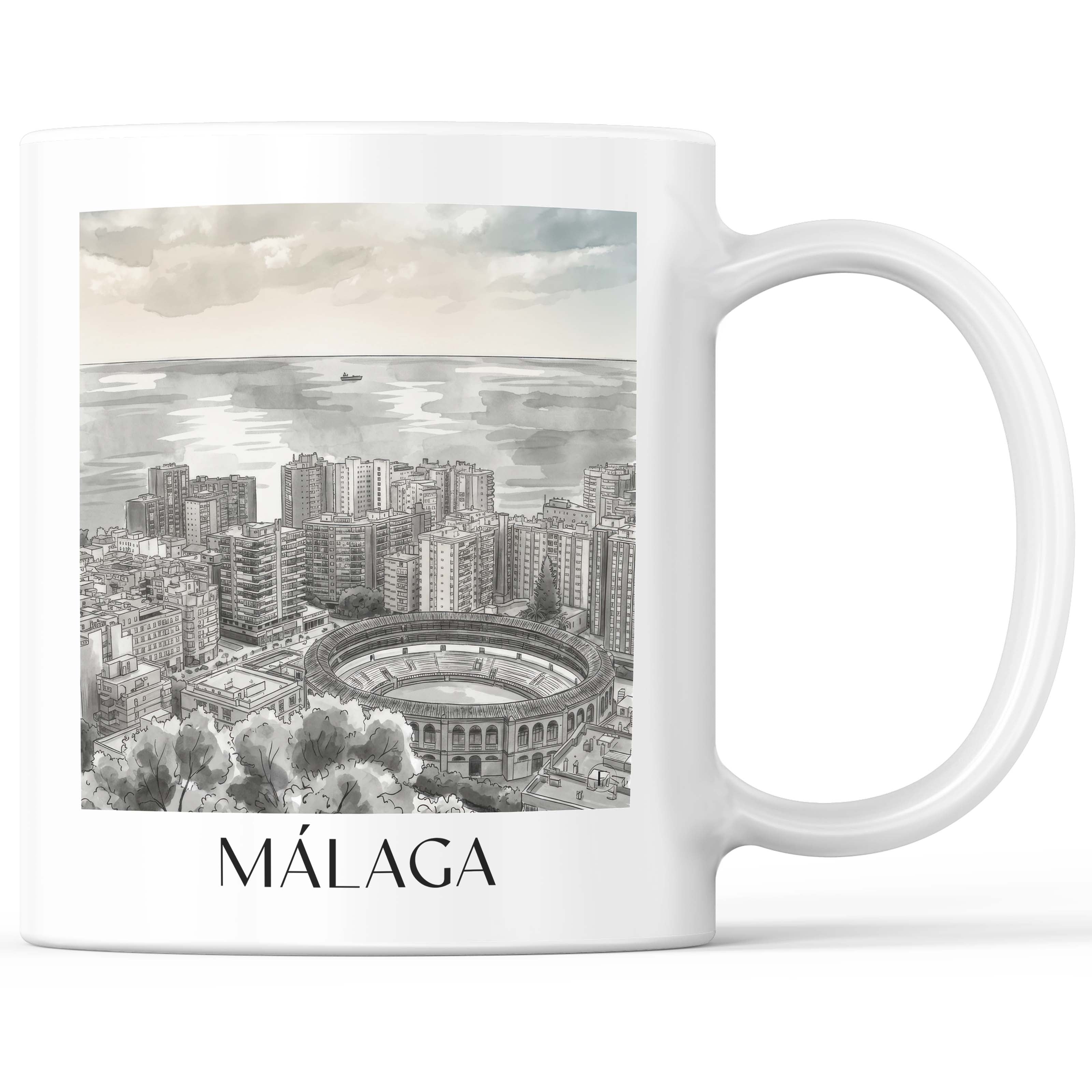 Málaga Kaffeebecher - Spanien - Spanien Becher - Kaffeetasse im Aquarell Schwarz-Weiß Stil - favplace