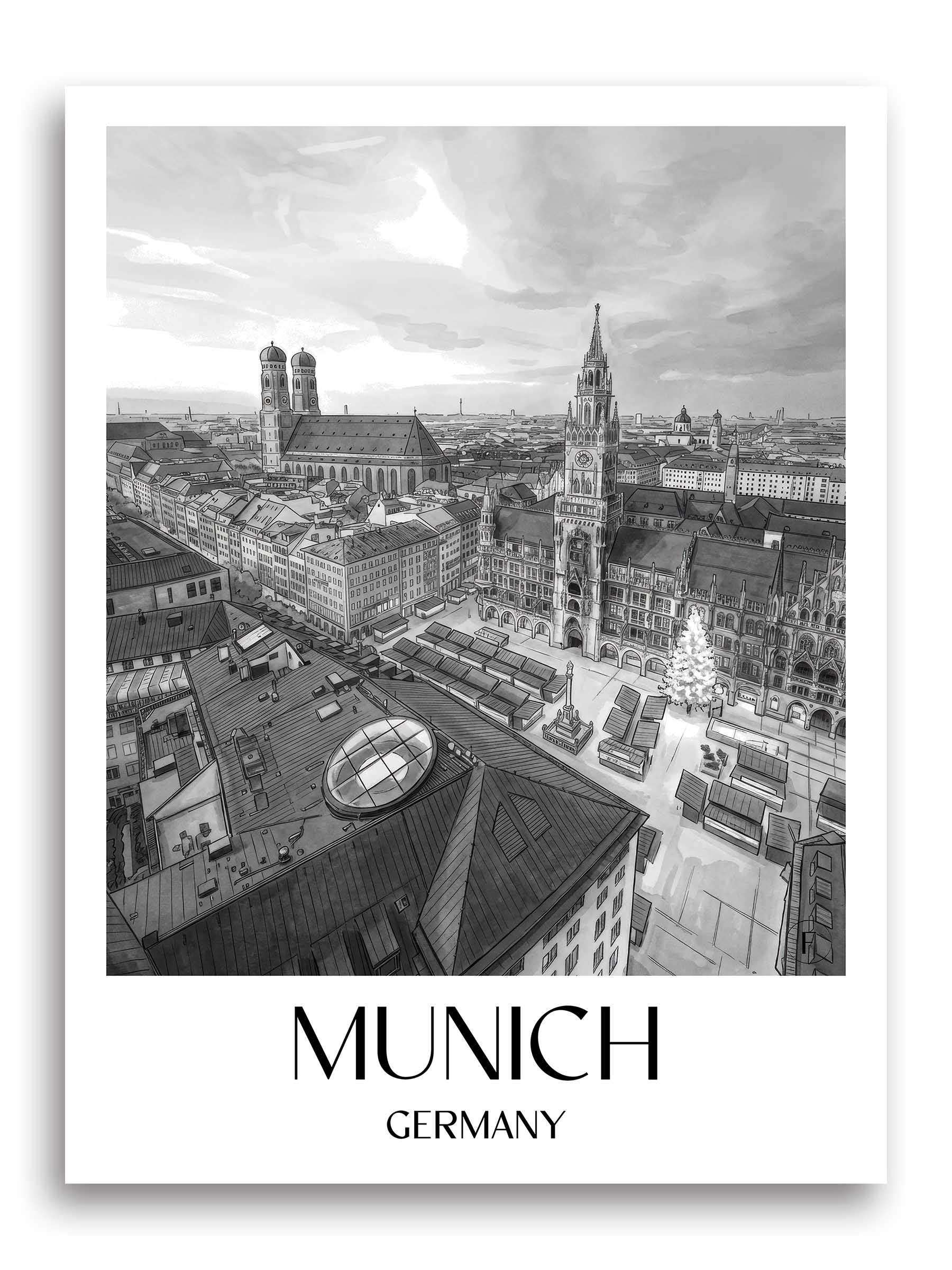 München Poster - - Deutschland Kunstdruck - Aquarell Schwarz-Weiß von A4 bis A1 - favplace