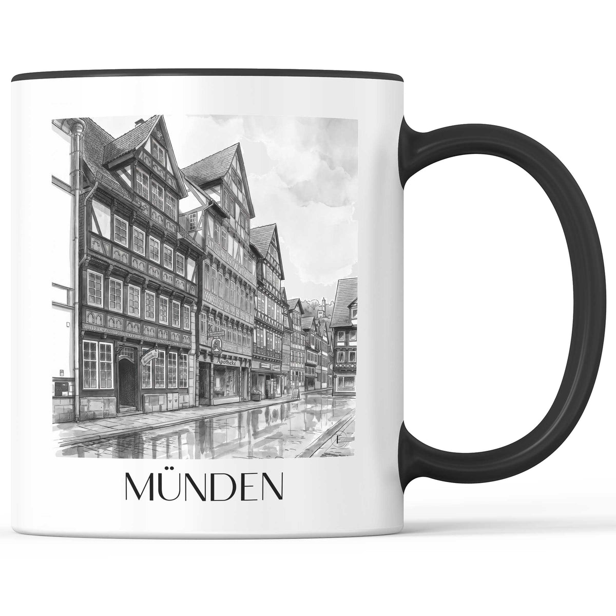 Münden Kaffeebecher - Niedersachsen - Deutschland Becher - Kaffeetasse im Aquarell Schwarz-Weiß Stil - favplace