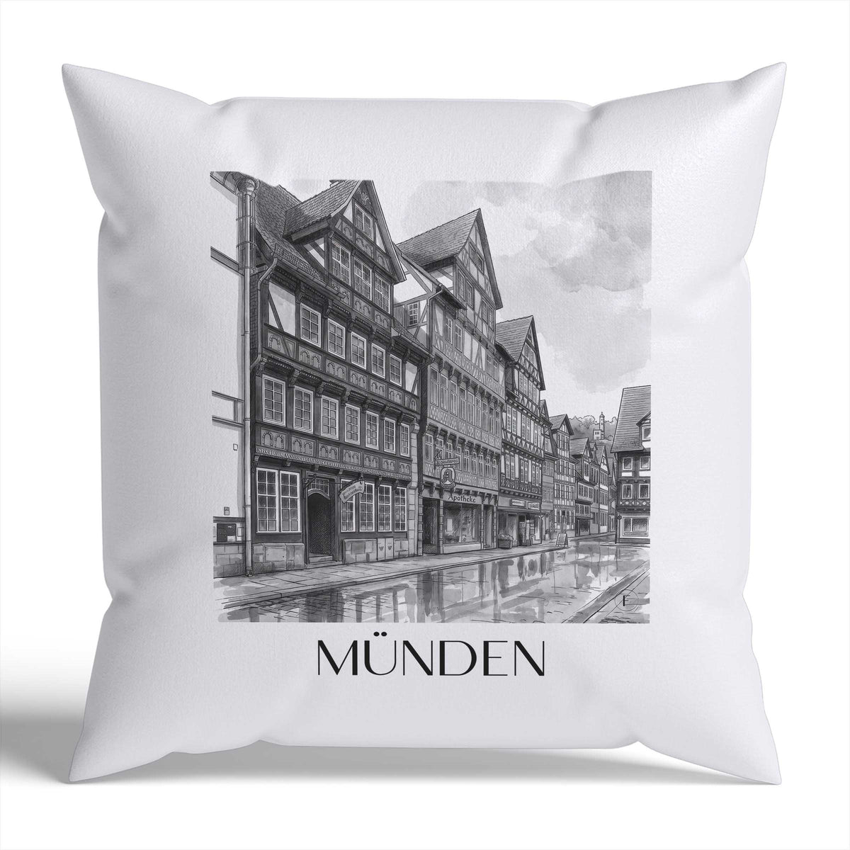 münden-niedersachsen-deutschland-kissenbezug-aquarell-schwarz-weiss