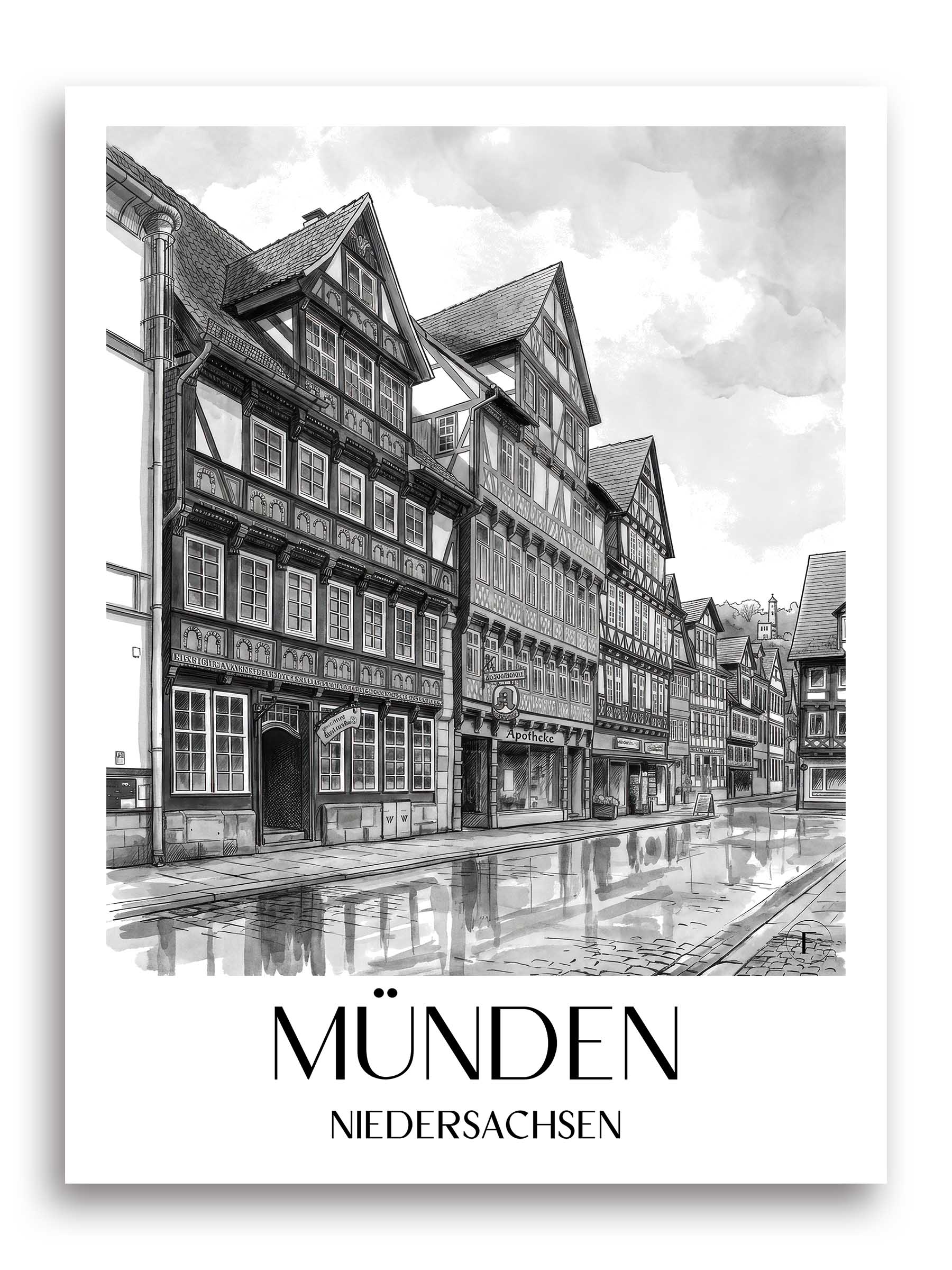 münden-niedersachsen-deutschland-poster-aquarell-schwarz-weiss