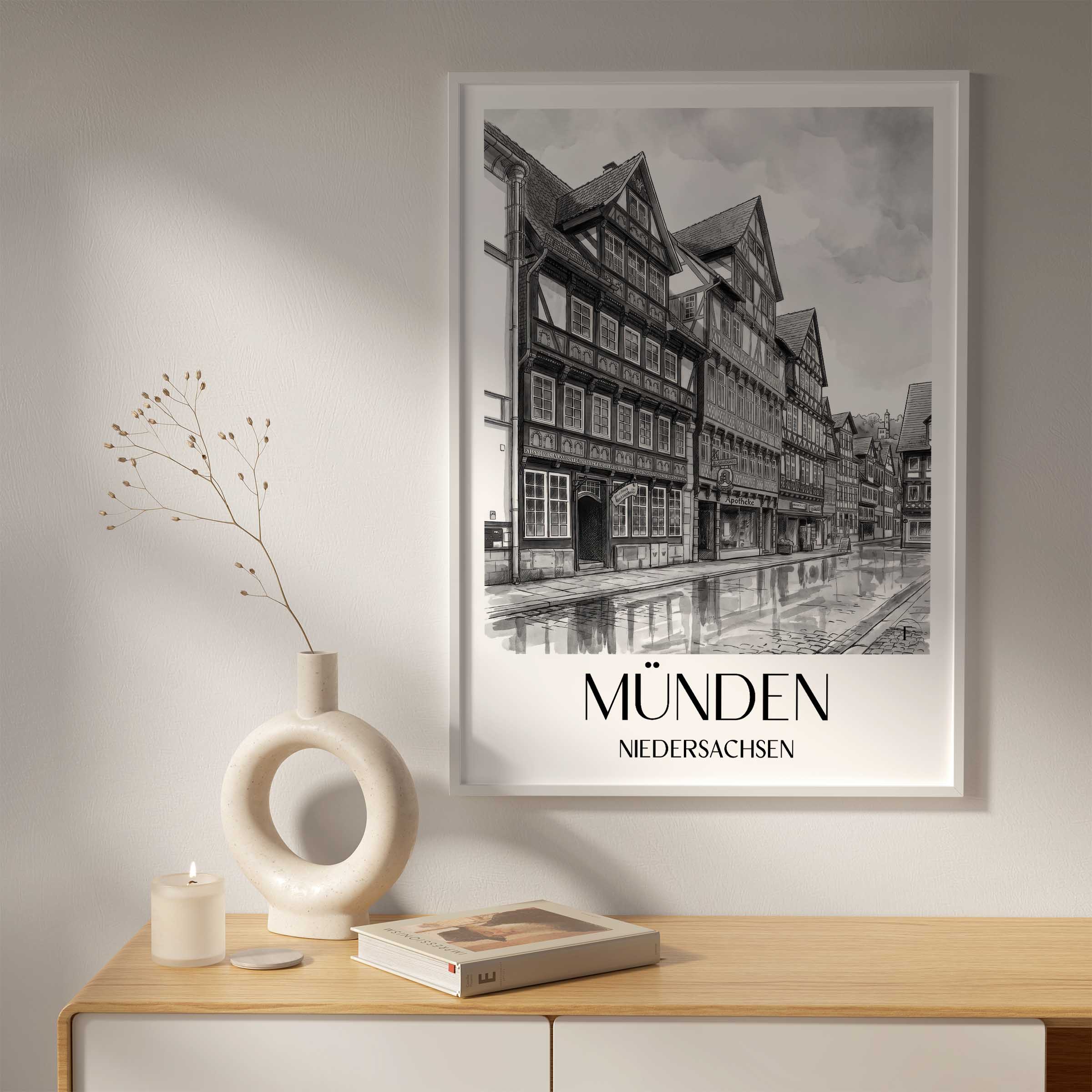 münden-niedersachsen-deutschland-poster-aquarell-schwarz-weiss