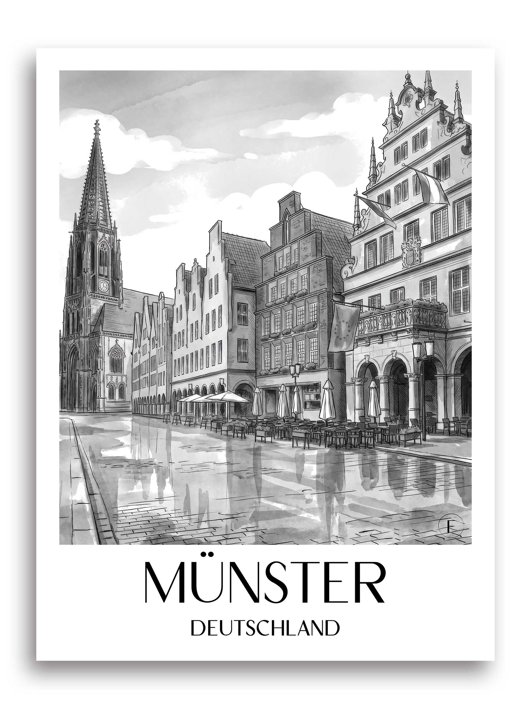 münster-deutschland-poster-aquarell-schwarz-weiss